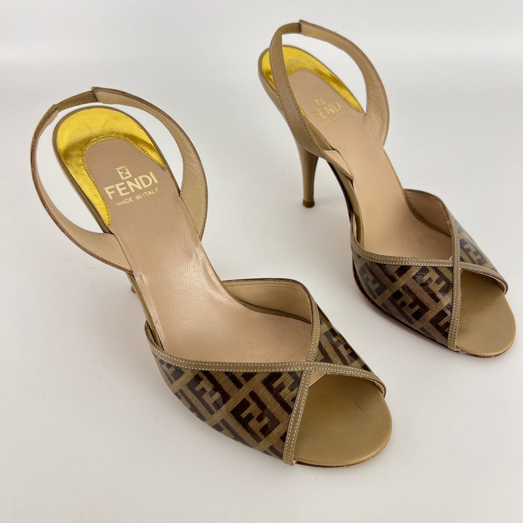 Fendi | FF Zucca Pattern Beige Gold PVC Peep Toe Slingback Heels (36)