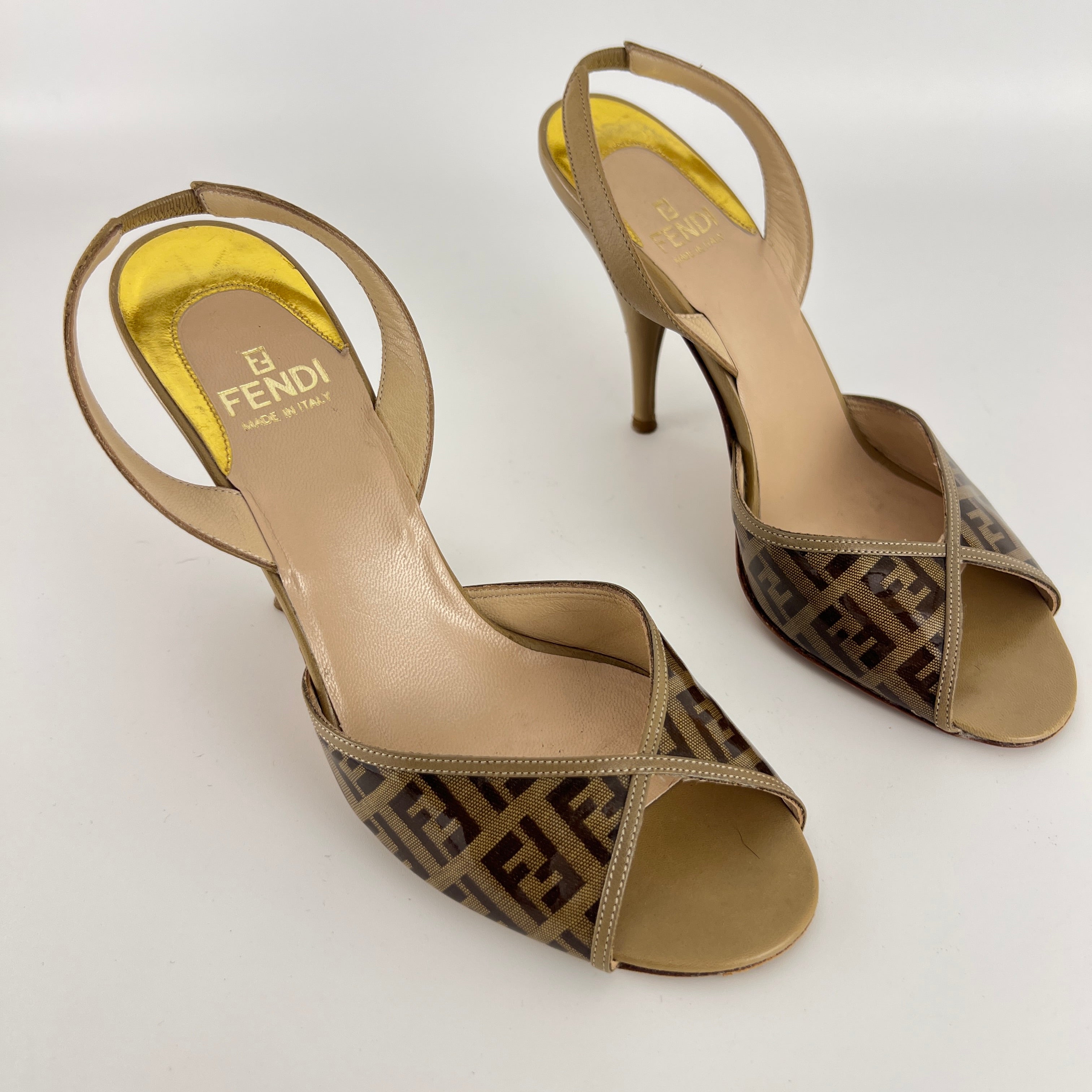 Fendi | FF Zucca Pattern Beige Gold PVC Peep Toe Slingback Heels (36)