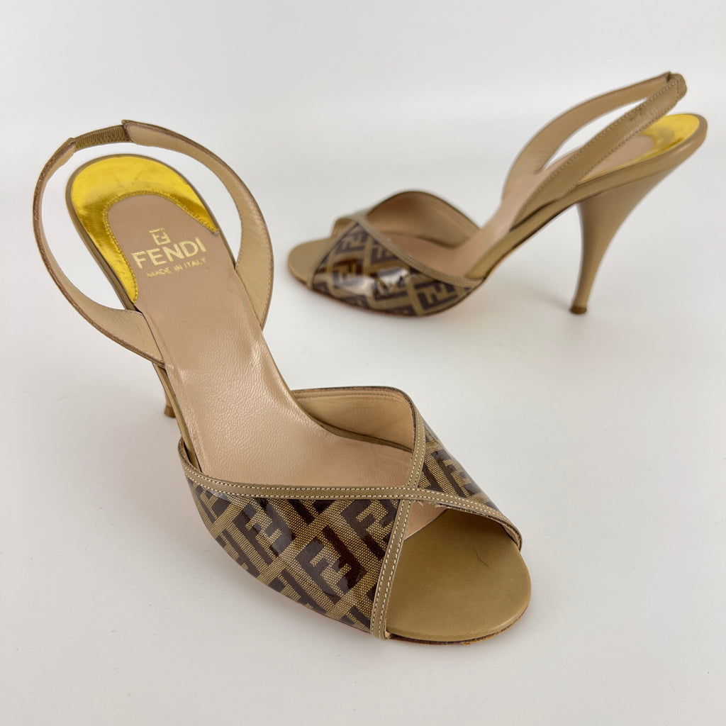 Fendi | FF Zucca Pattern Beige Gold PVC Peep Toe Slingback Heels (36)