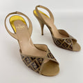Fendi | FF Zucca Pattern Beige Gold PVC Peep Toe Slingback Heels (36)