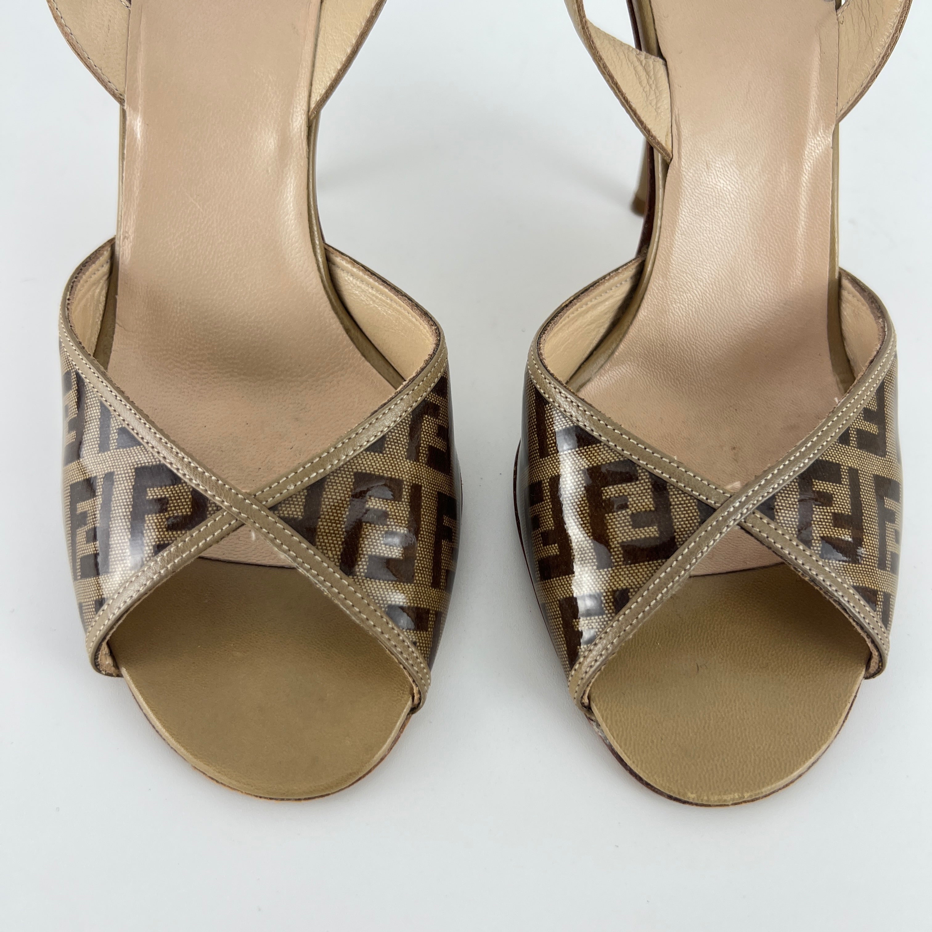 Fendi | FF Zucca Pattern Beige Gold PVC Peep Toe Slingback Heels (36)