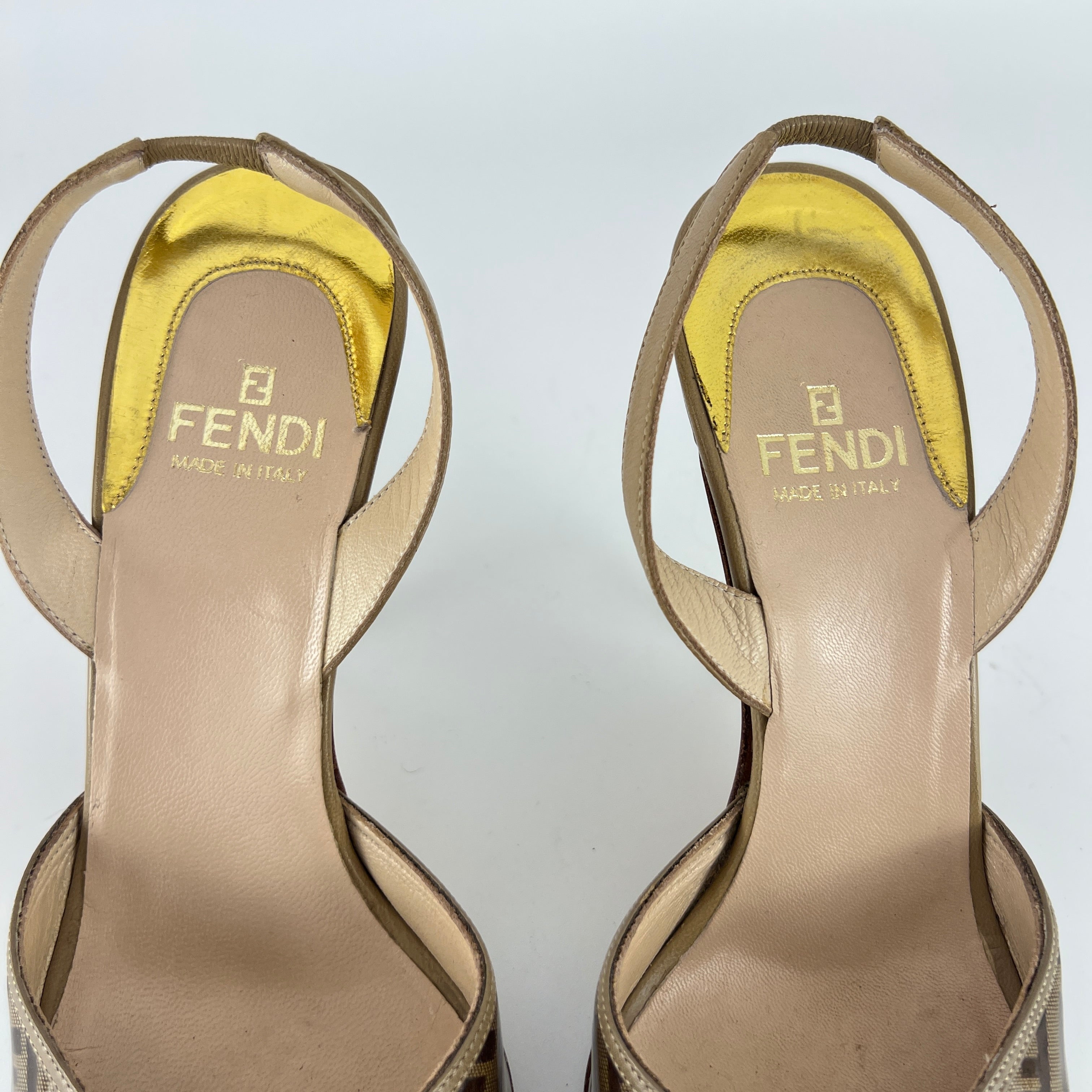 Fendi | FF Zucca Pattern Beige Gold PVC Peep Toe Slingback Heels (36)