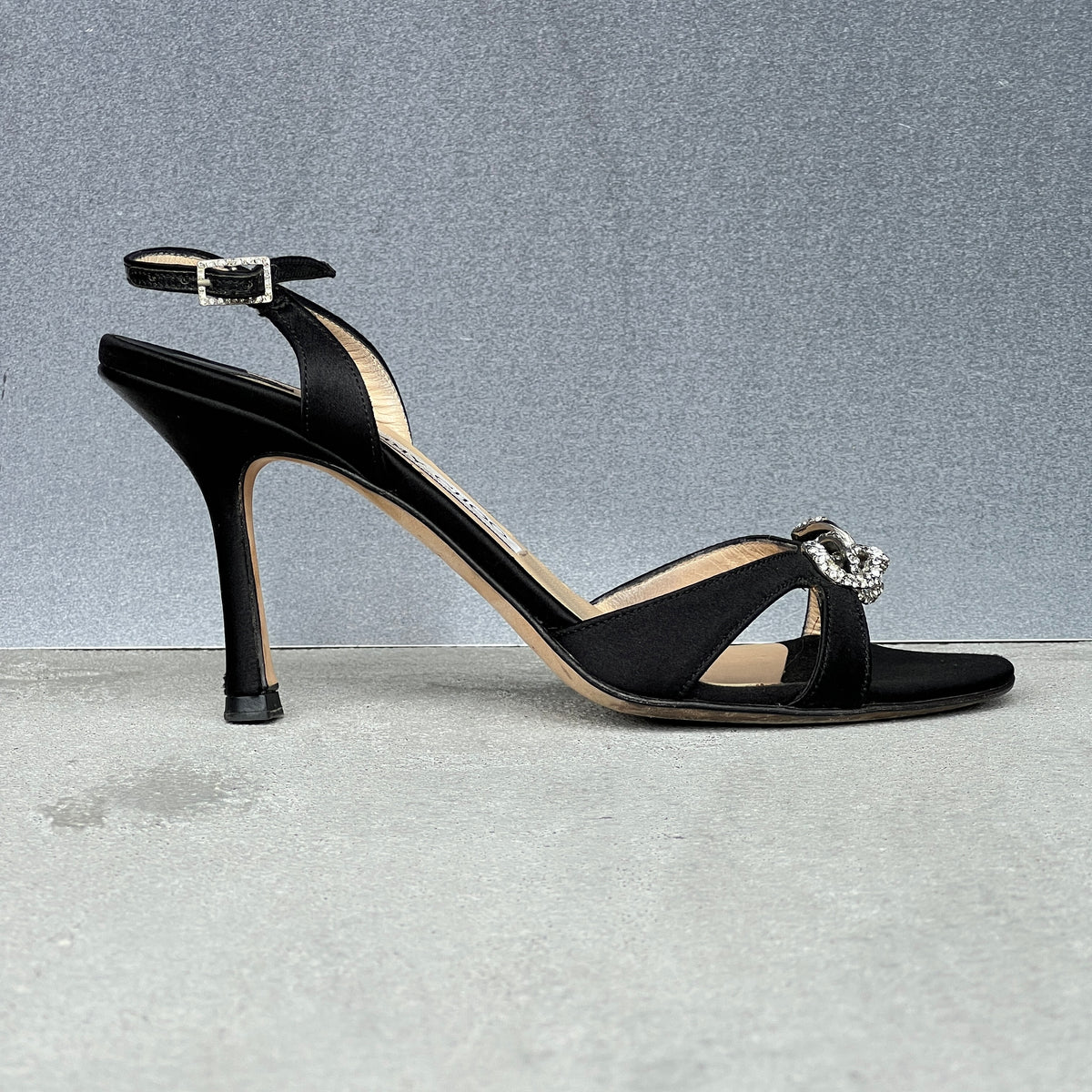 Jimmy Choo | Black Satin Jewel Knot Buckle Strap Slingback Heels (35.5)