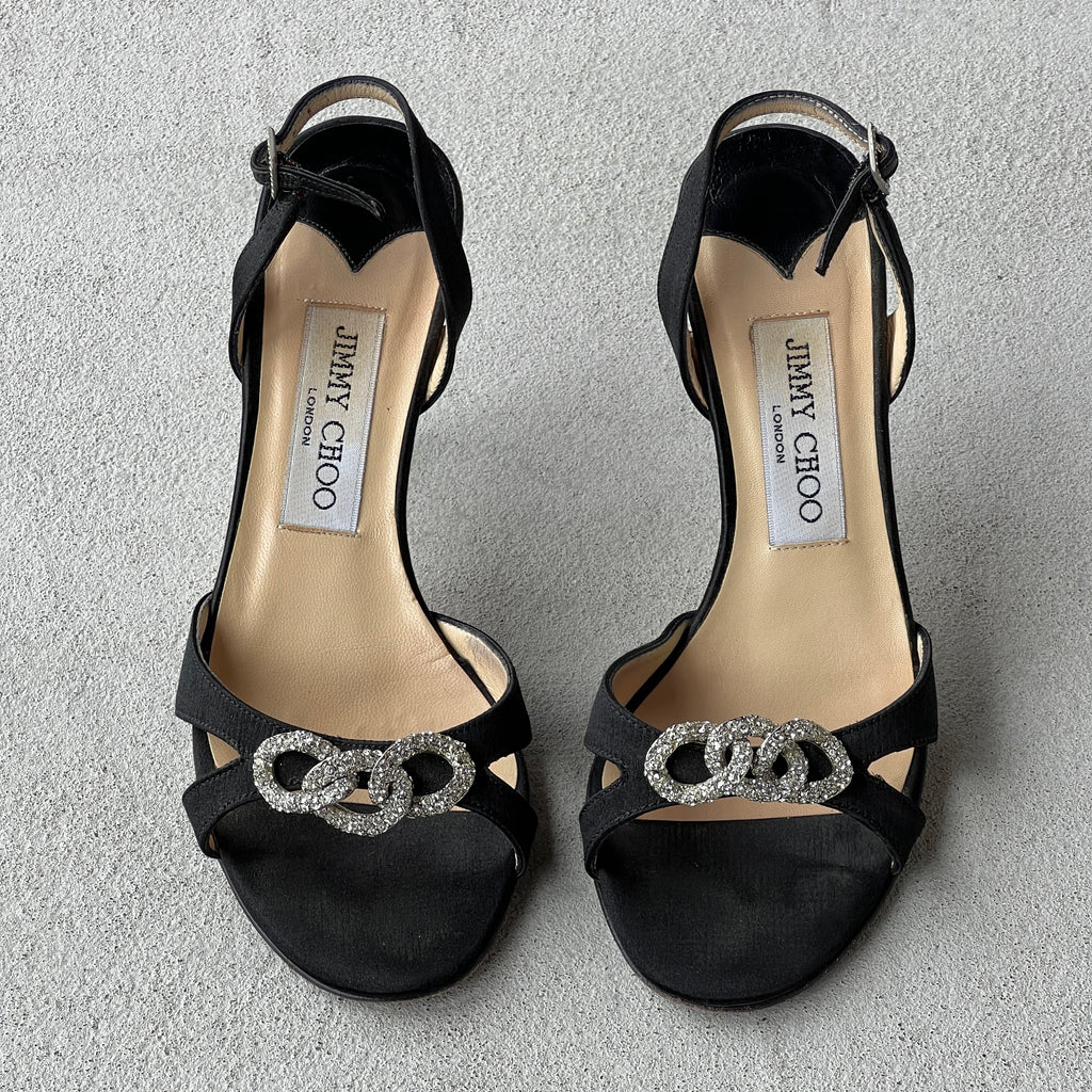 Jimmy Choo | Black Satin Jewel Knot Buckle Strap Slingback Heels (35.5)
