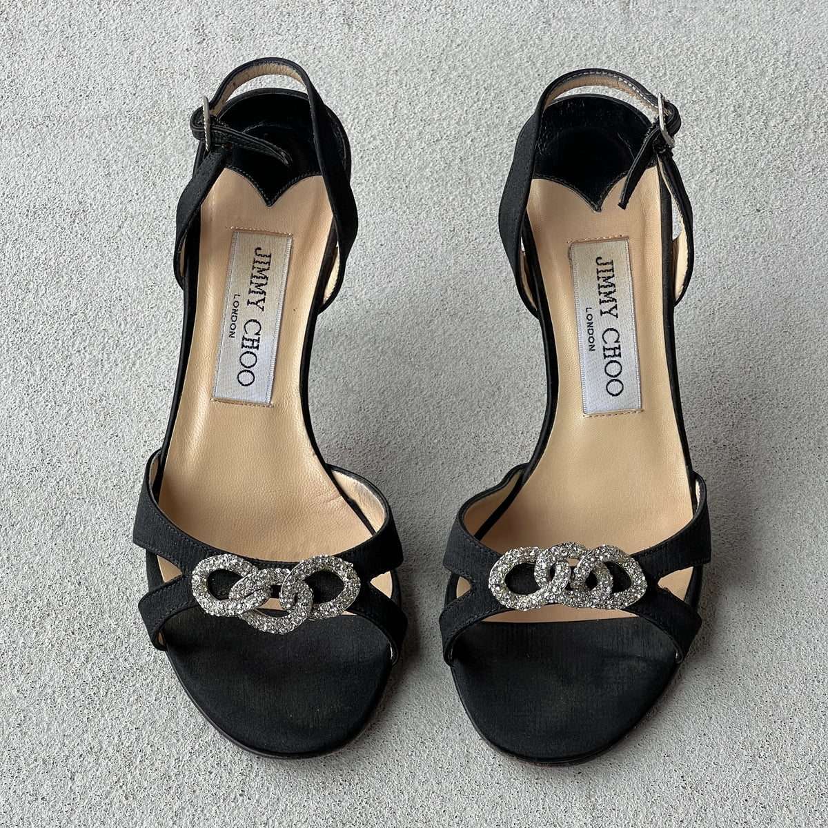 Jimmy Choo | Black Satin Jewel Knot Buckle Strap Slingback Heels (35.5)