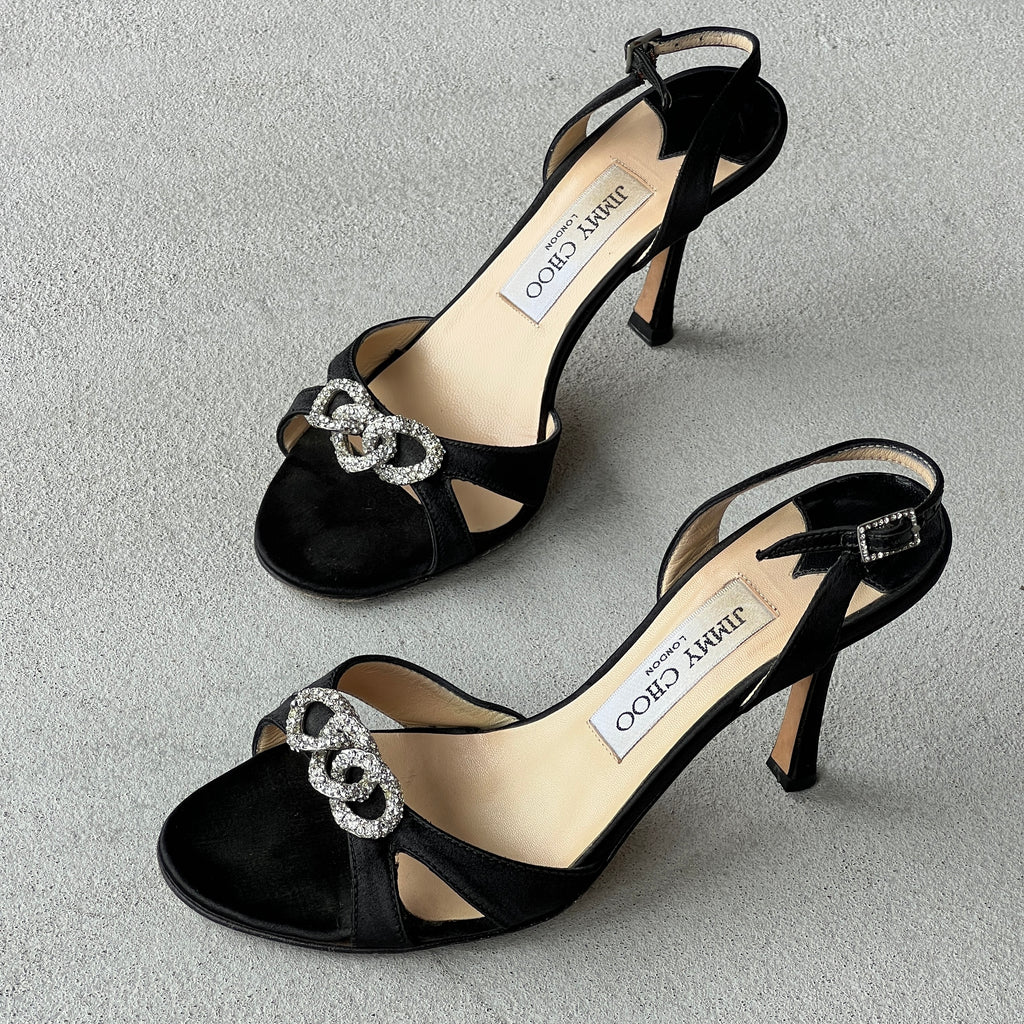 Jimmy Choo | Black Satin Jewel Knot Buckle Strap Slingback Heels (35.5)