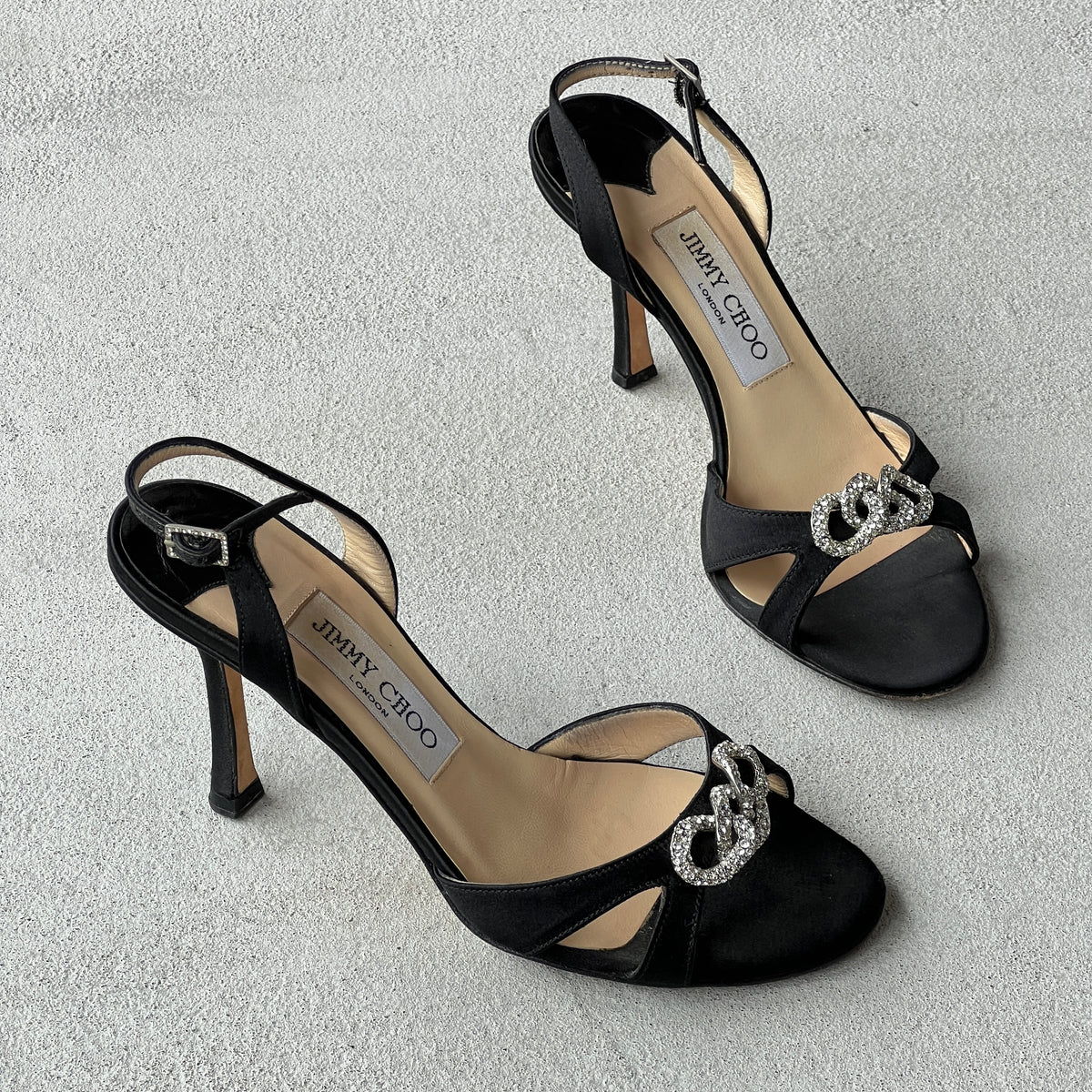 Jimmy Choo | Black Satin Jewel Knot Buckle Strap Slingback Heels (35.5)