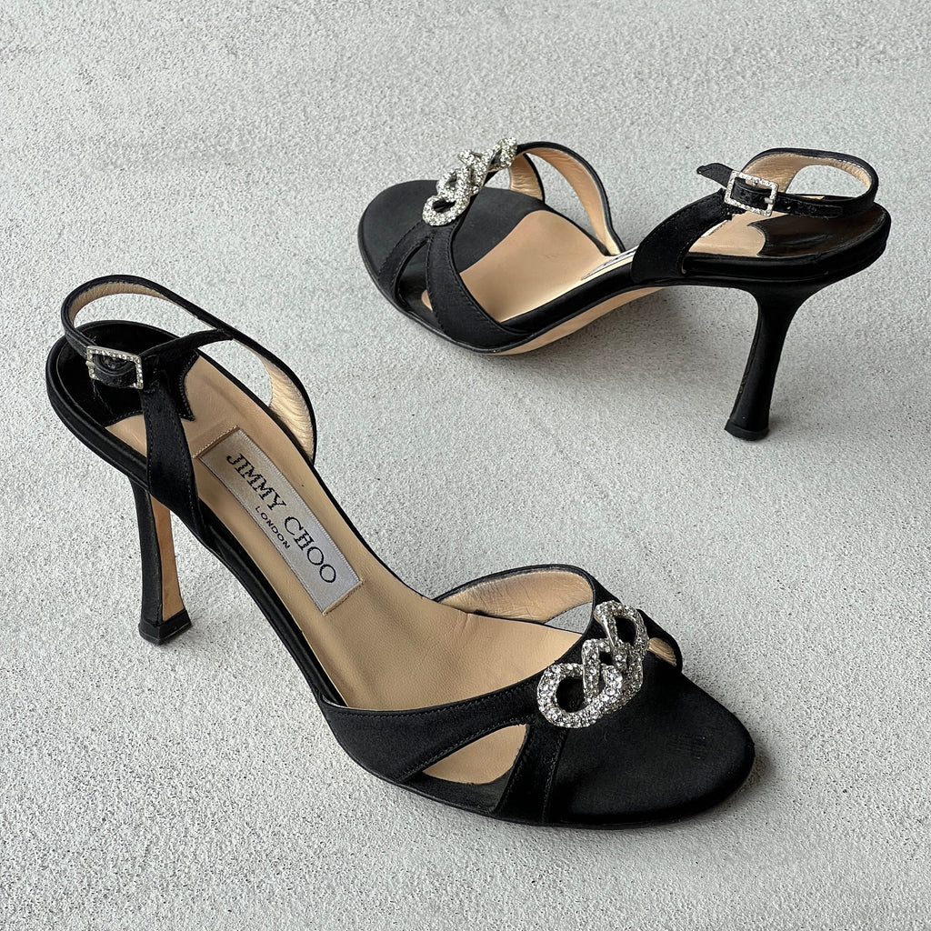 Jimmy Choo | Black Satin Jewel Knot Buckle Strap Slingback Heels (35.5)