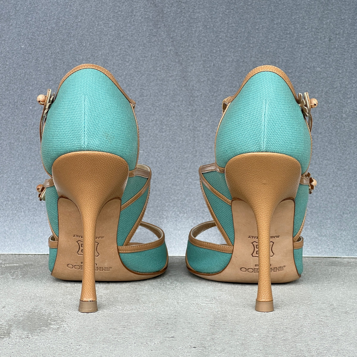 Jimmy Choo | Elvis Turquoise Nude Leather Strappy Sandal Heels (37)