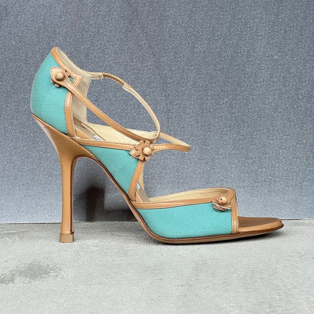 Jimmy Choo | Elvis Turquoise Nude Leather Strappy Sandal Heels (37)