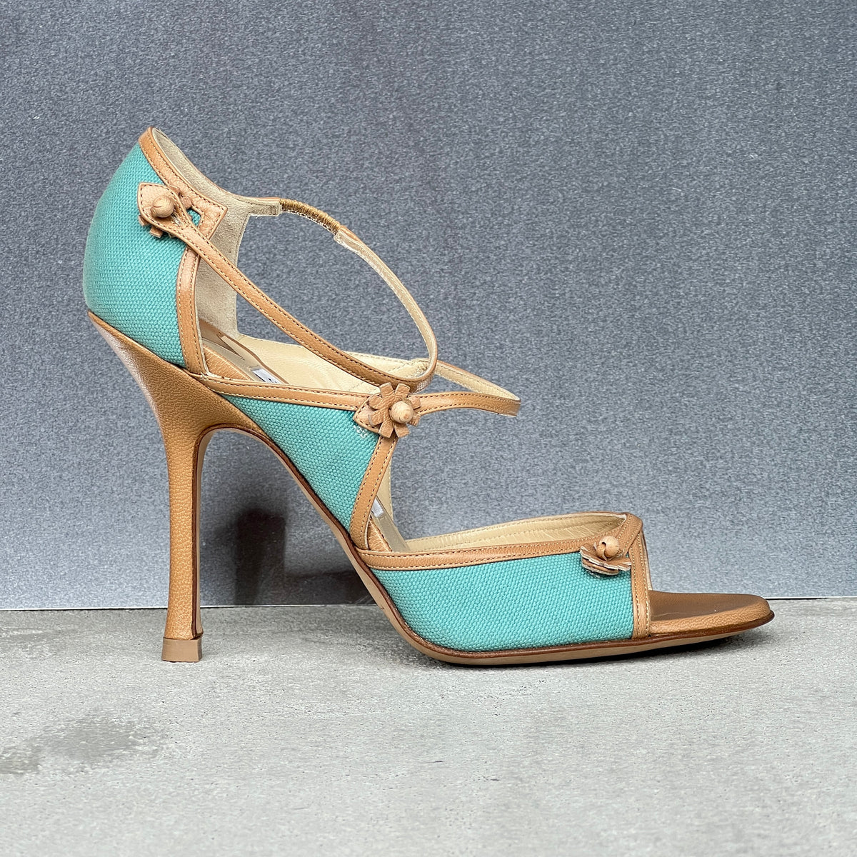 Jimmy Choo | Elvis Turquoise Nude Leather Strappy Sandal Heels (37)