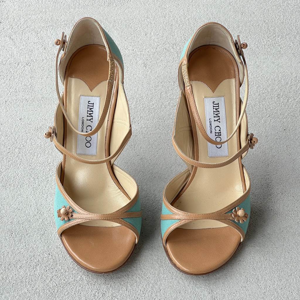 Jimmy Choo | Elvis Turquoise Nude Leather Strappy Sandal Heels (37)