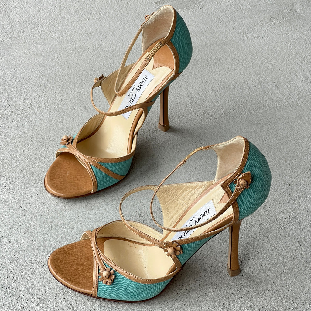 Jimmy Choo | Elvis Turquoise Nude Leather Strappy Sandal Heels (37)
