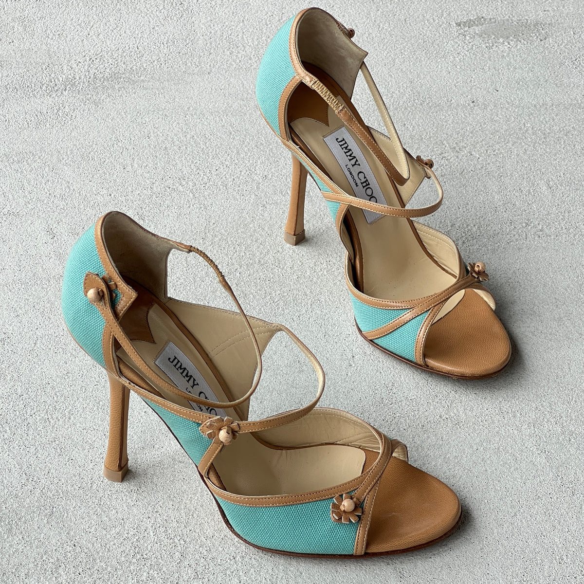 Jimmy Choo | Elvis Turquoise Nude Leather Strappy Sandal Heels (37)