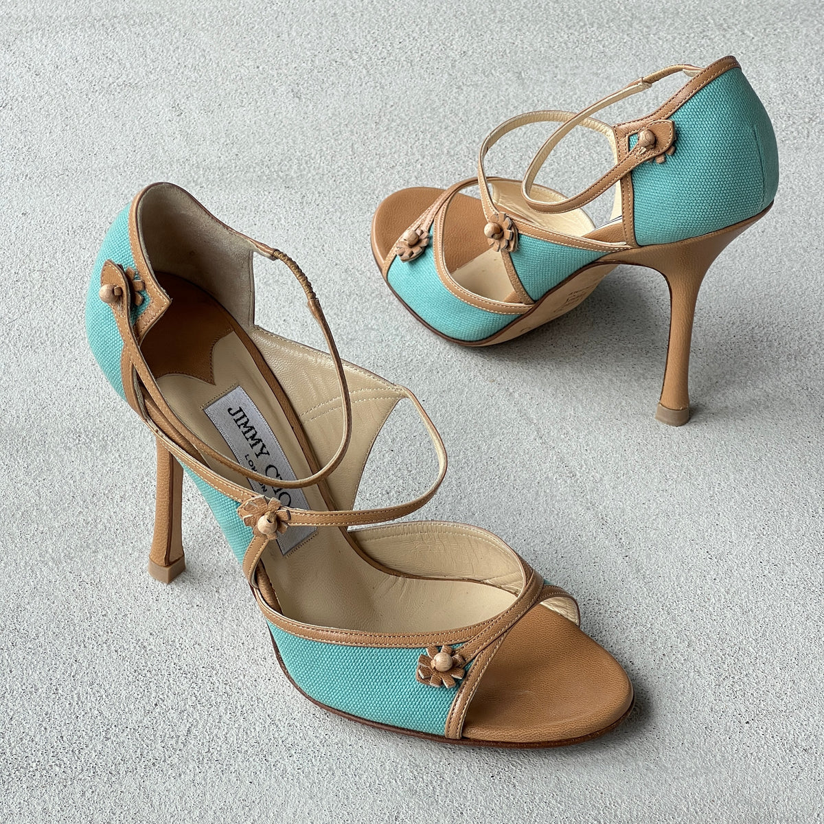 Jimmy Choo | Elvis Turquoise Nude Leather Strappy Sandal Heels (37)