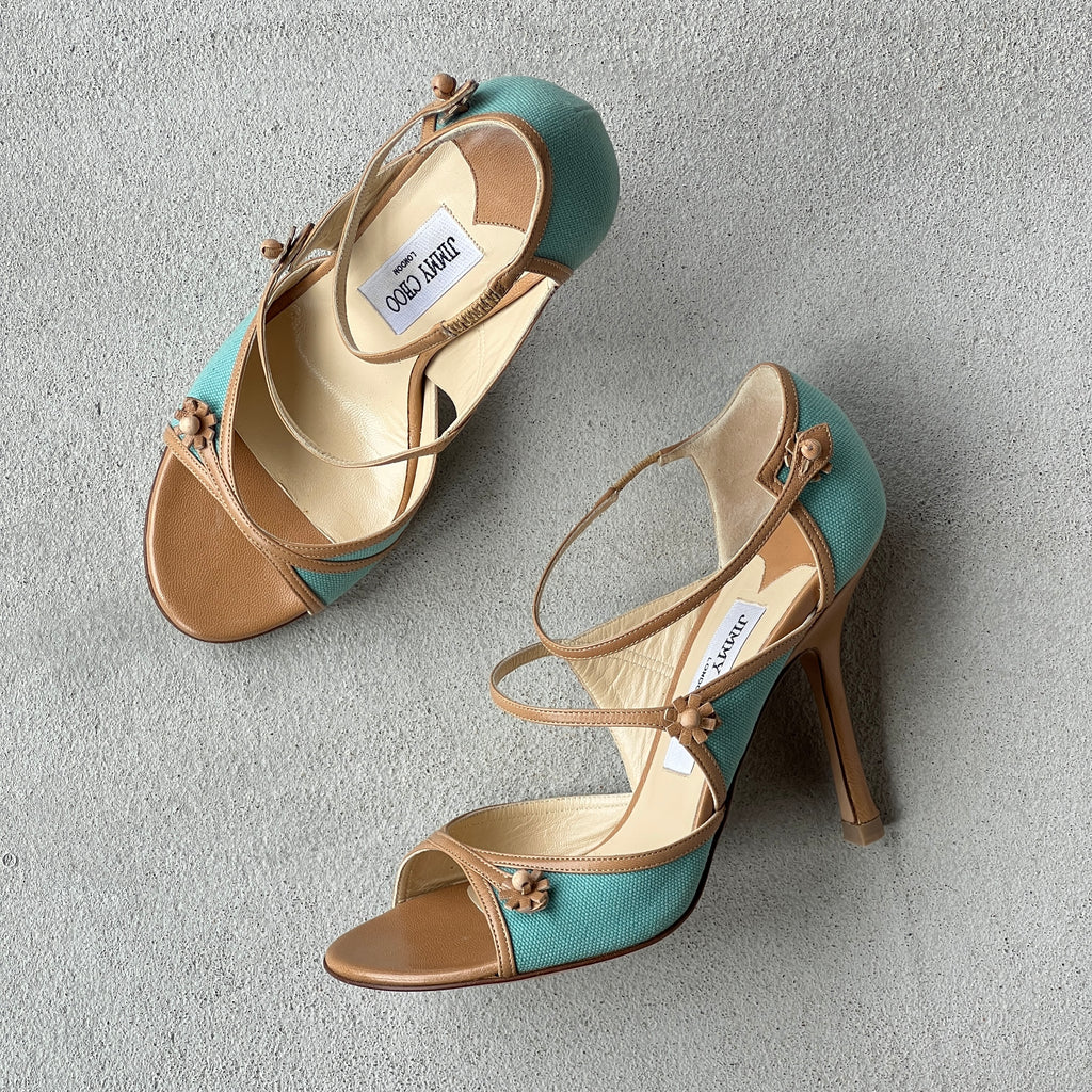 Jimmy Choo | Elvis Turquoise Nude Leather Strappy Sandal Heels (37)