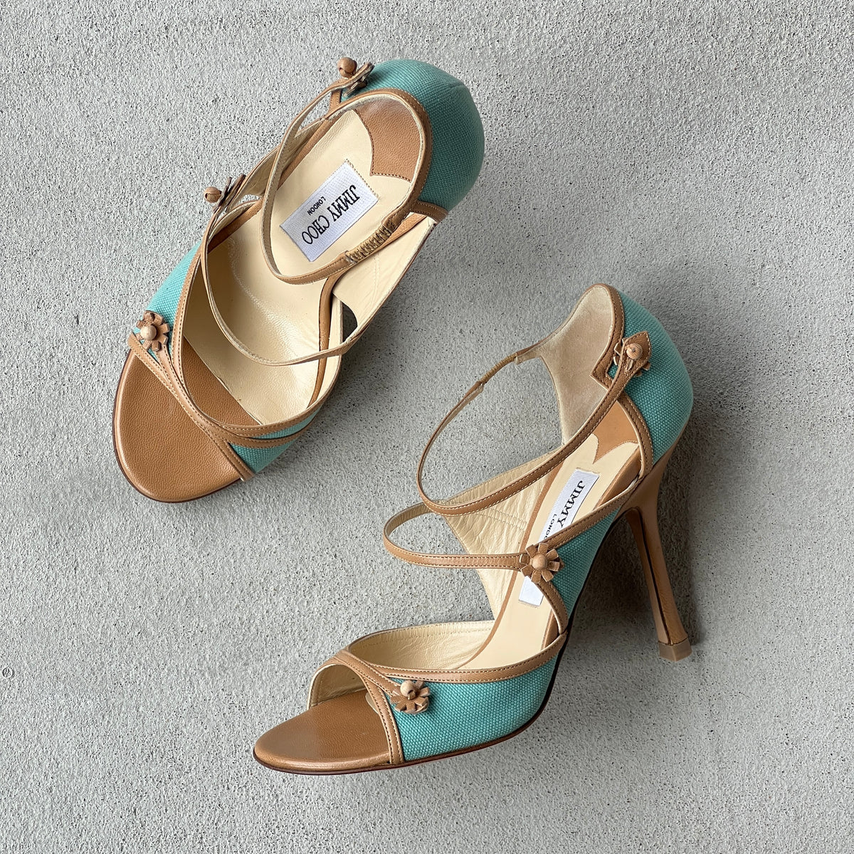 Jimmy Choo | Elvis Turquoise Nude Leather Strappy Sandal Heels (37)