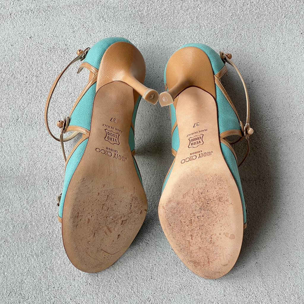 Jimmy Choo | Elvis Turquoise Nude Leather Strappy Sandal Heels (37)