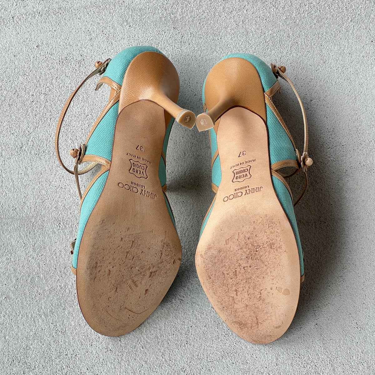 Jimmy Choo | Elvis Turquoise Nude Leather Strappy Sandal Heels (37)