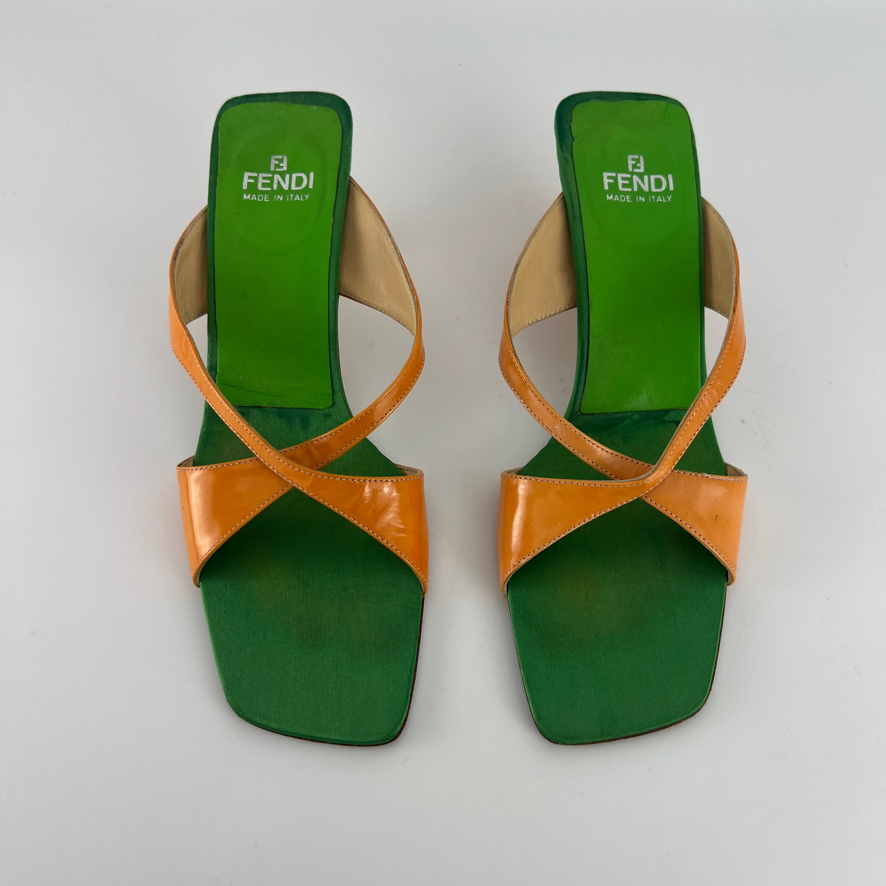 Fendi | Y2K Green Insole Orange Cross-Over Strap Patent Leather Mules (37.5)
