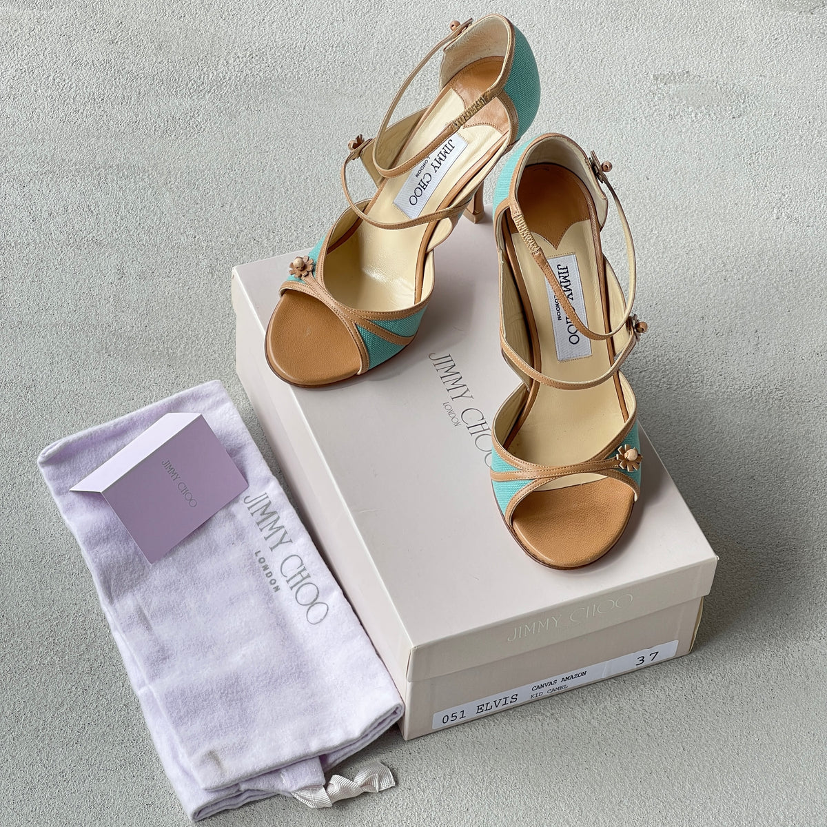 Jimmy Choo | Elvis Turquoise Nude Leather Strappy Sandal Heels (37)