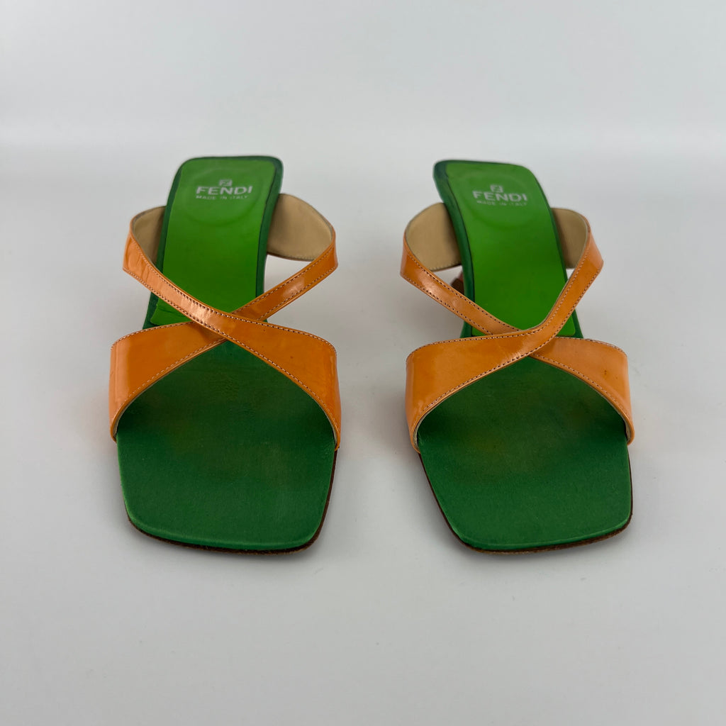 Fendi | Y2K Green Insole Orange Cross-Over Strap Patent Leather Mules (37.5)