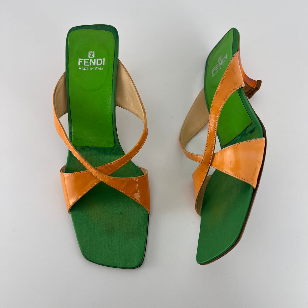 Fendi | Y2K Green Insole Orange Cross-Over Strap Patent Leather Mules (37.5)