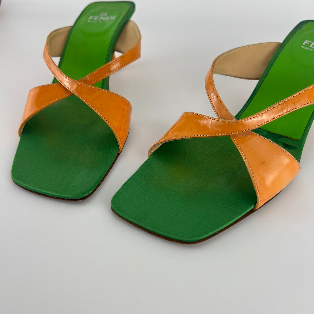 Fendi | Y2K Green Insole Orange Cross-Over Strap Patent Leather Mules (37.5)