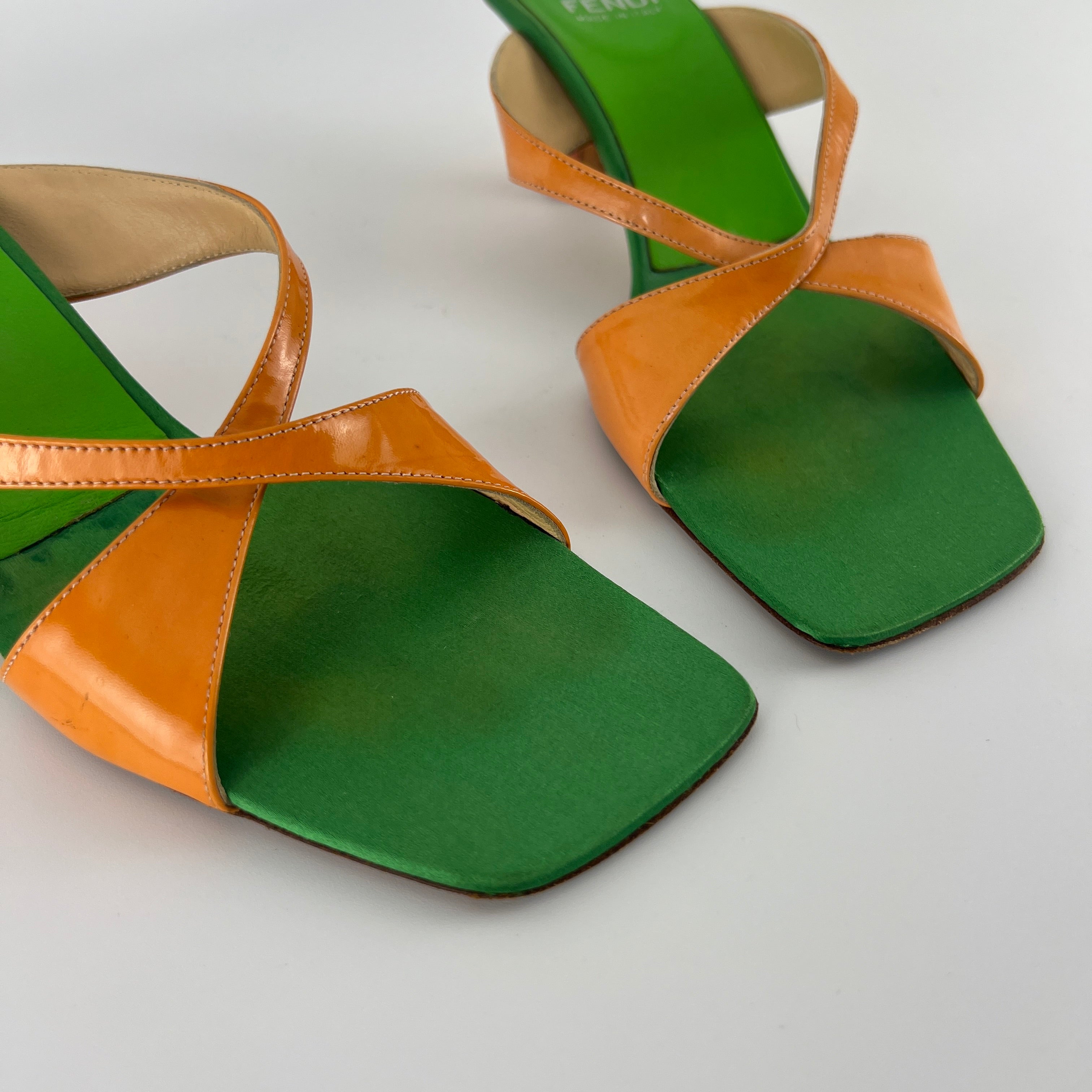 Fendi | Y2K Green Insole Orange Cross-Over Strap Patent Leather Mules (37.5)