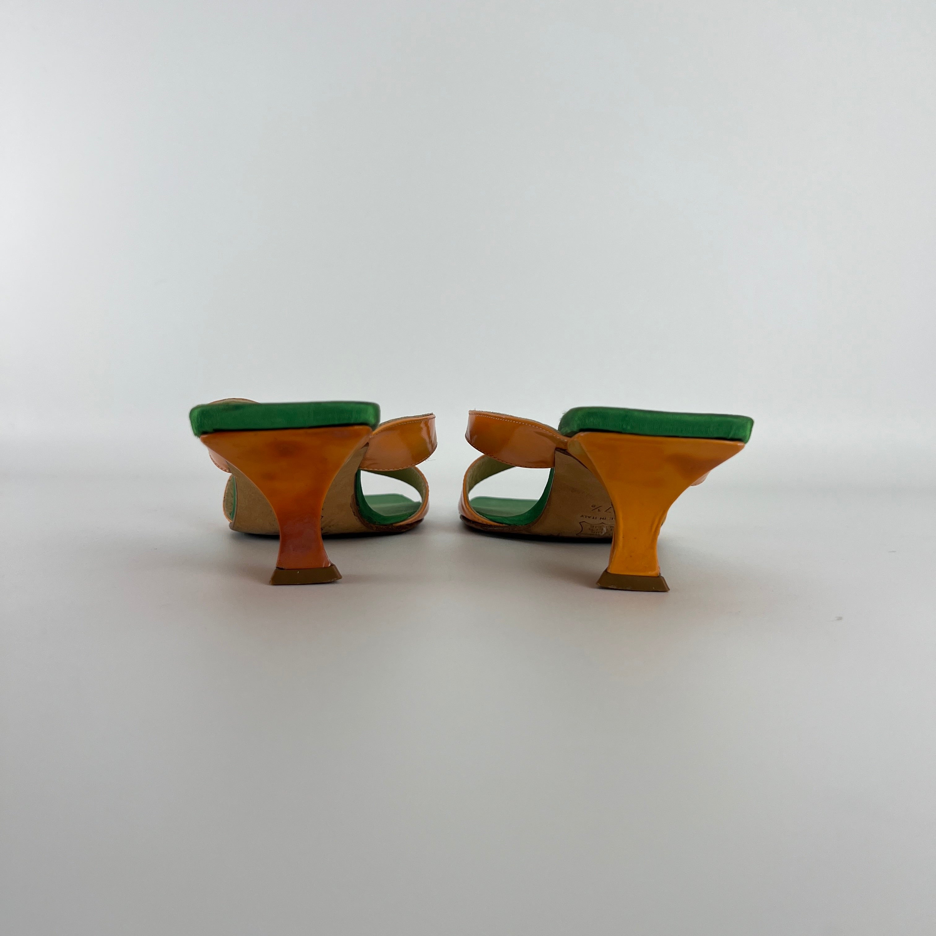 Fendi | Y2K Green Insole Orange Cross-Over Strap Patent Leather Mules (37.5)