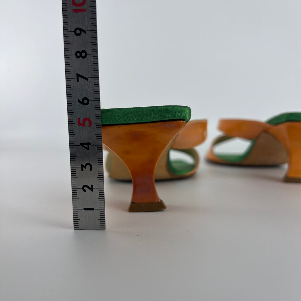Fendi | Y2K Green Insole Orange Cross-Over Strap Patent Leather Mules (37.5)