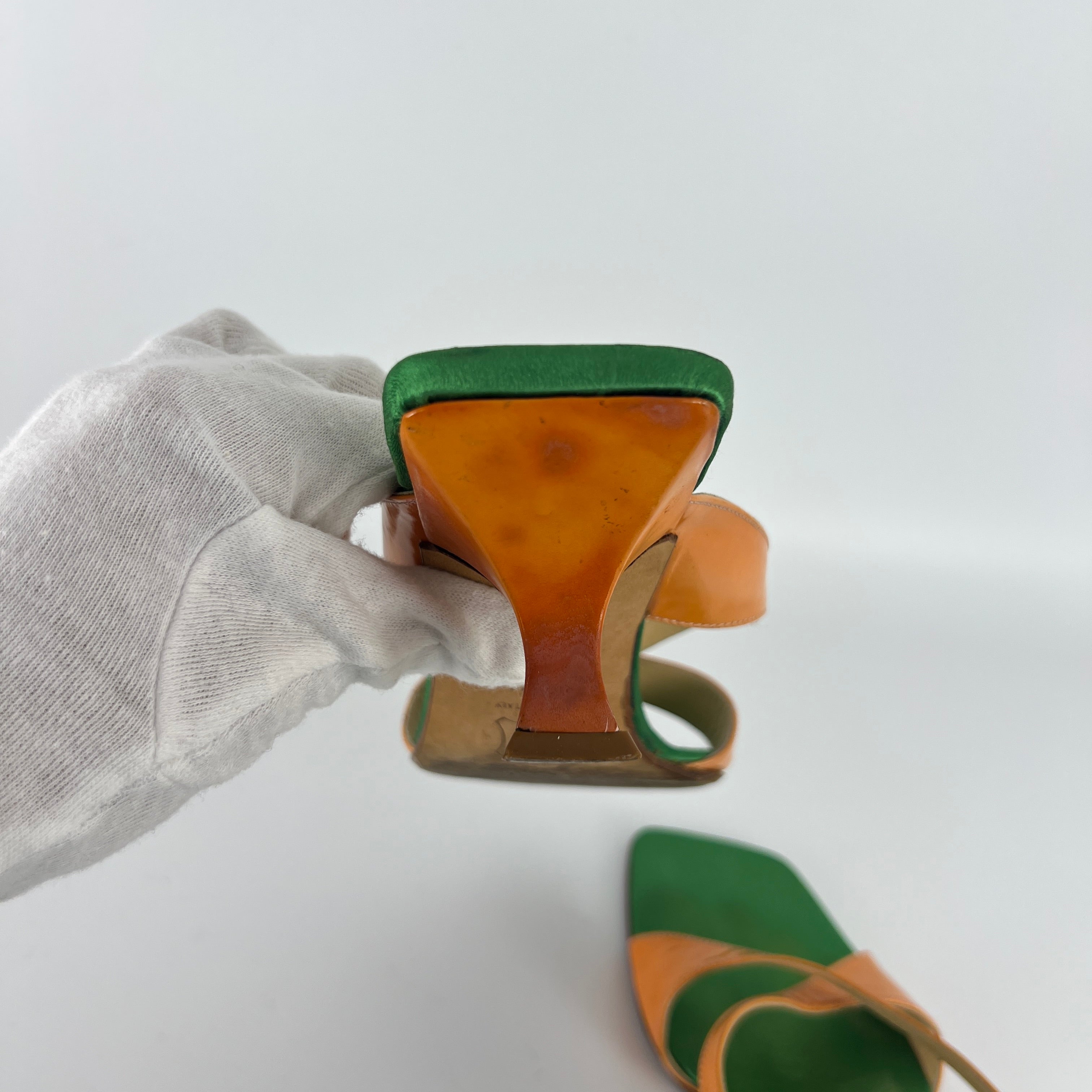 Fendi | Y2K Green Insole Orange Cross-Over Strap Patent Leather Mules (37.5)