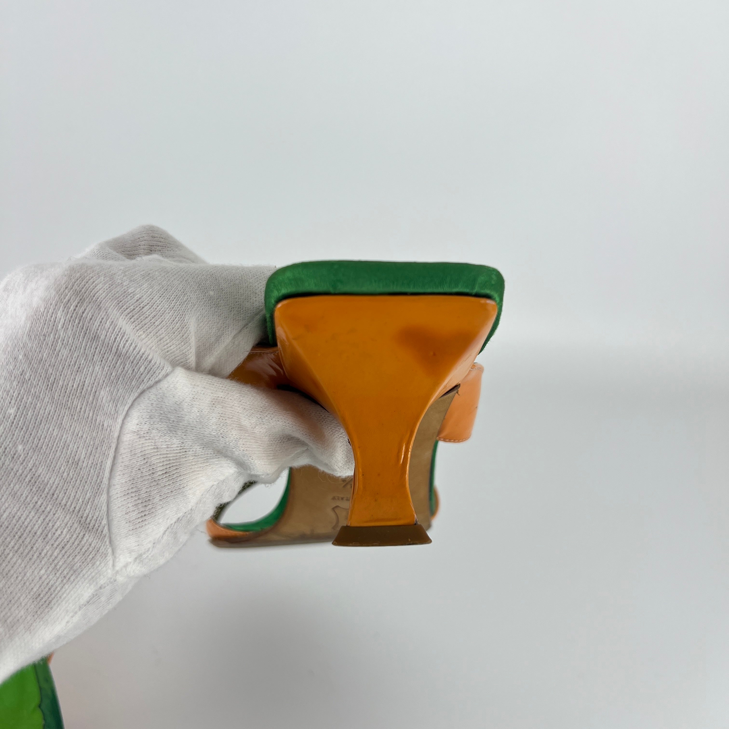 Fendi | Y2K Green Insole Orange Cross-Over Strap Patent Leather Mules (37.5)