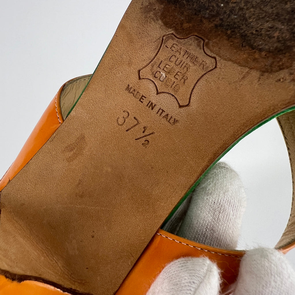 Fendi | Y2K Green Insole Orange Cross-Over Strap Patent Leather Mules (37.5)