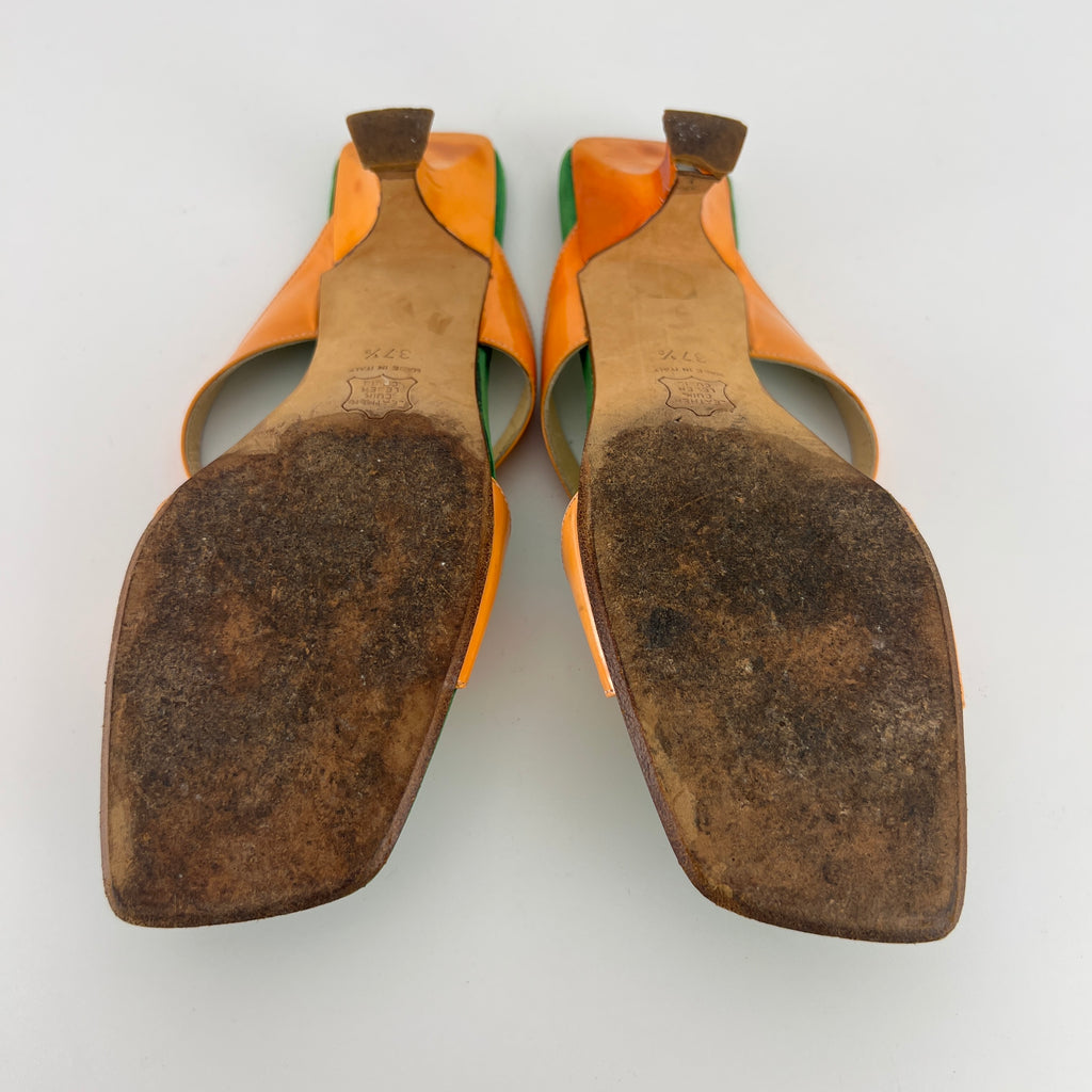 Fendi | Y2K Green Insole Orange Cross-Over Strap Patent Leather Mules (37.5)