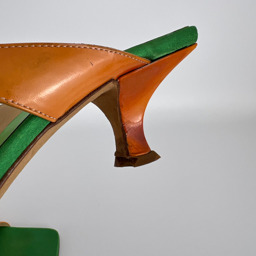 Fendi | Y2K Green Insole Orange Cross-Over Strap Patent Leather Mules (37.5)