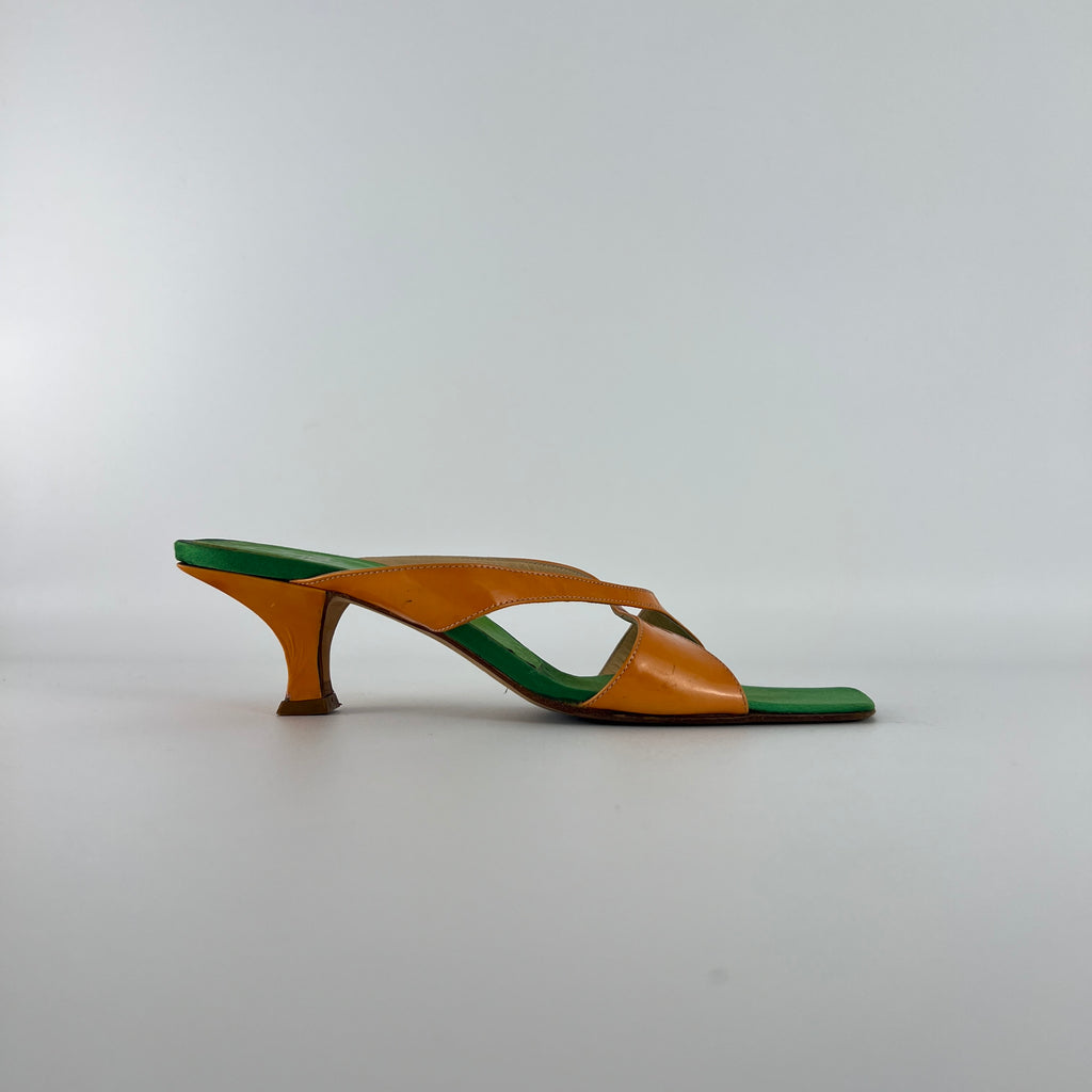 Fendi | Y2K Green Insole Orange Cross-Over Strap Patent Leather Mules (37.5)