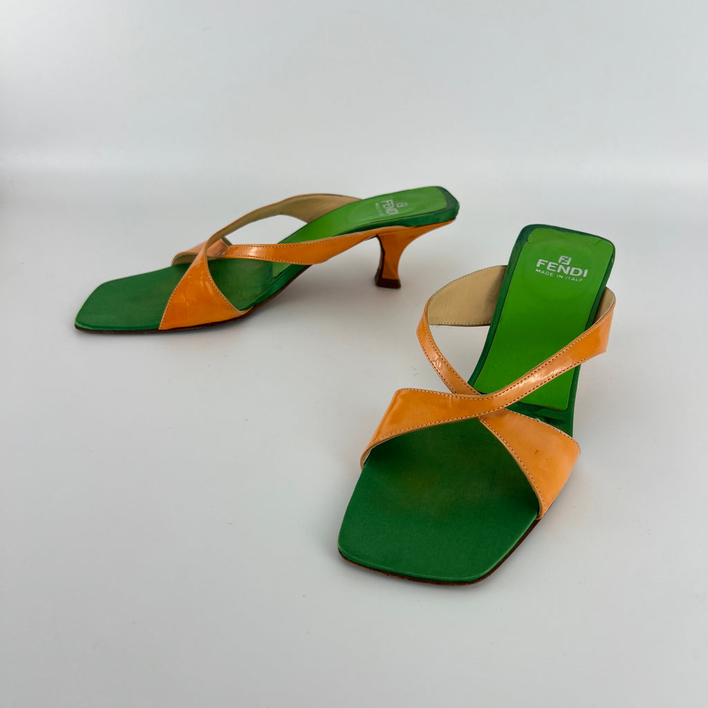 Fendi | Y2K Green Insole Orange Cross-Over Strap Patent Leather Mules (37.5)