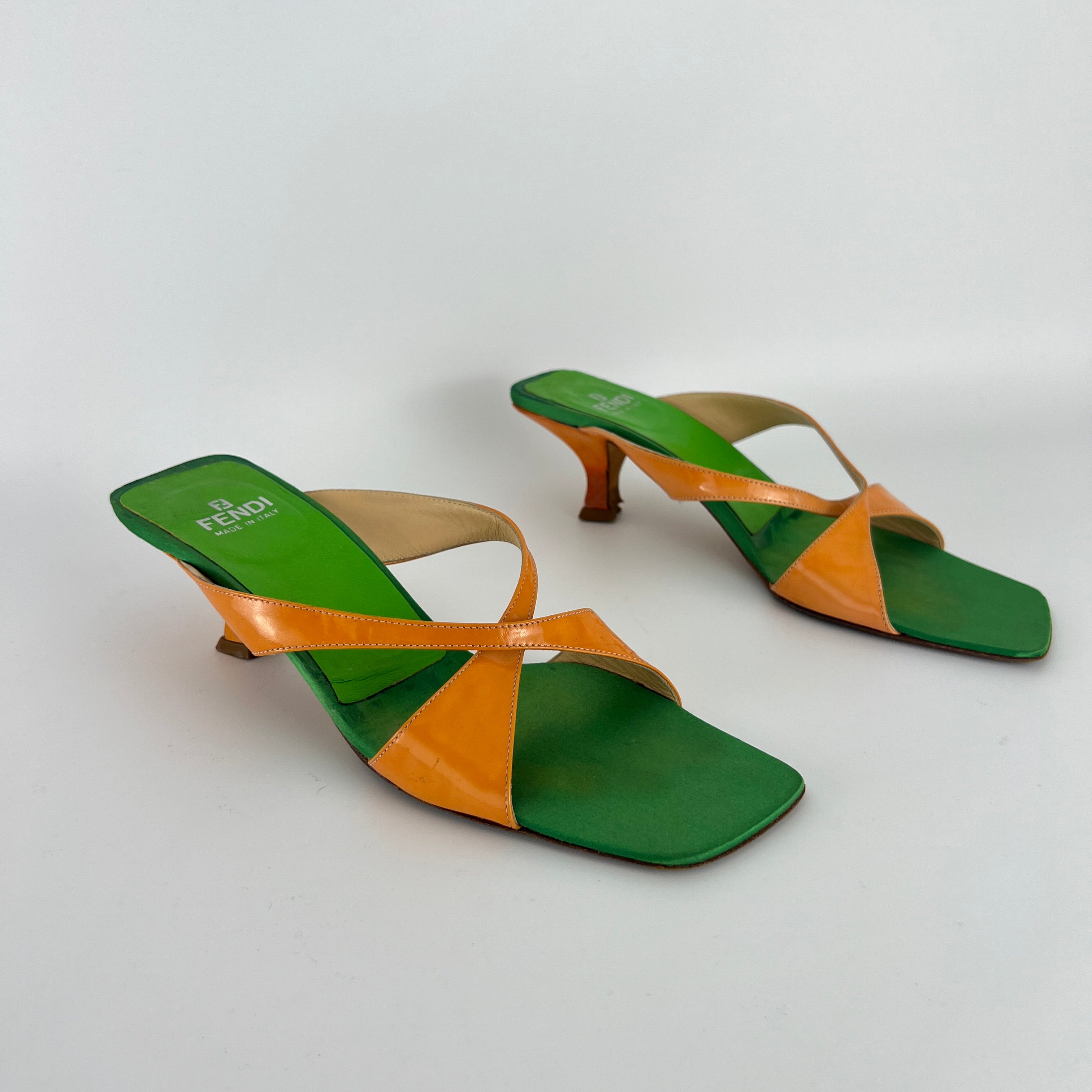Fendi | Y2K Green Insole Orange Cross-Over Strap Patent Leather Mules (37.5)