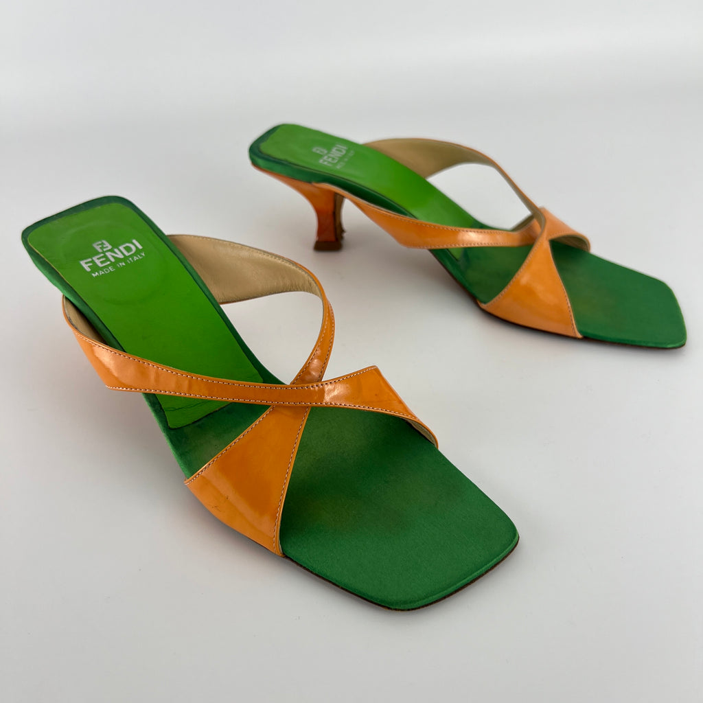 Fendi | Y2K Green Insole Orange Cross-Over Strap Patent Leather Mules (37.5)