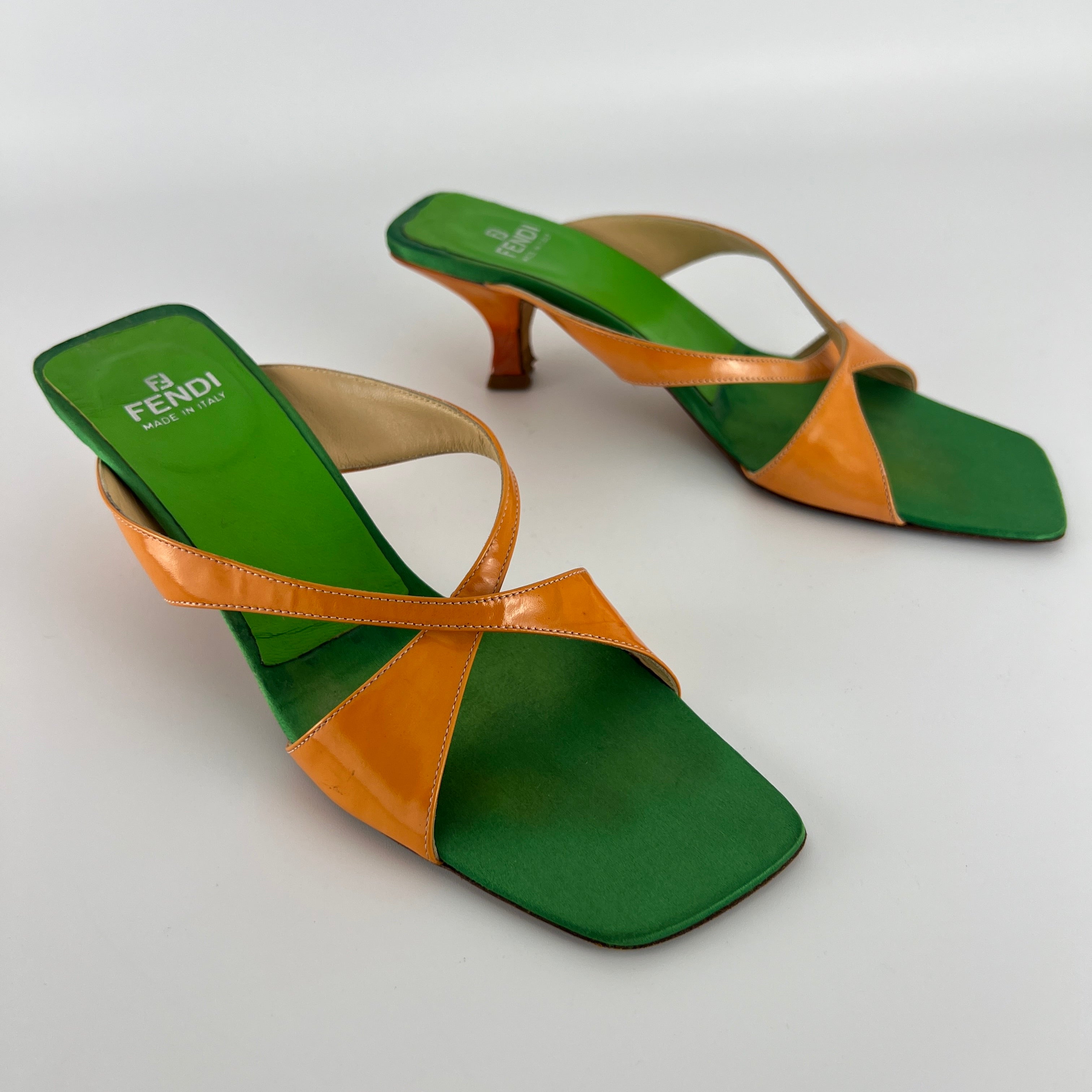 Fendi | Y2K Green Insole Orange Cross-Over Strap Patent Leather Mules (37.5)