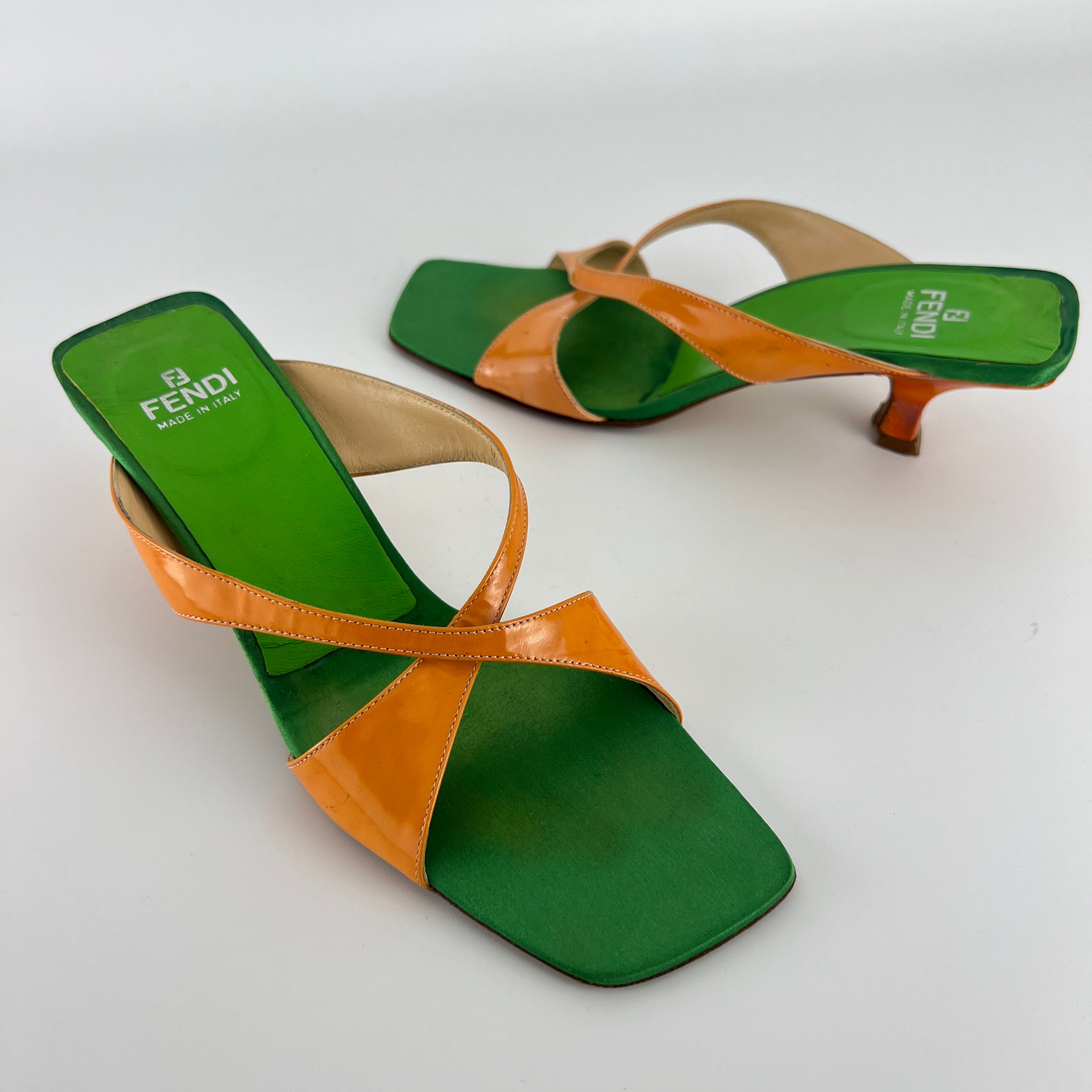 Fendi | Y2K Green Insole Orange Cross-Over Strap Patent Leather Mules (37.5)