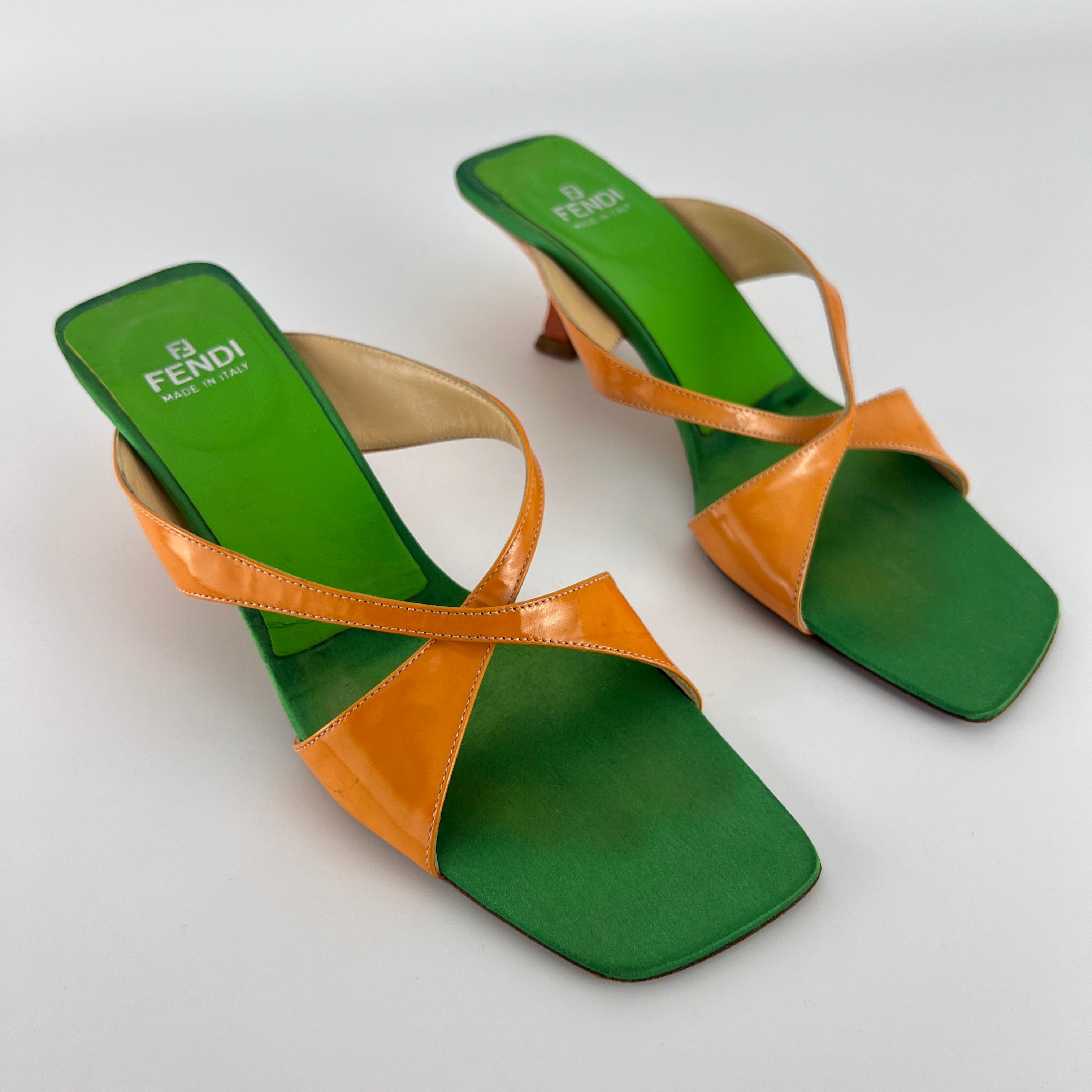 Fendi | Y2K Green Insole Orange Cross-Over Strap Patent Leather Mules (37.5)