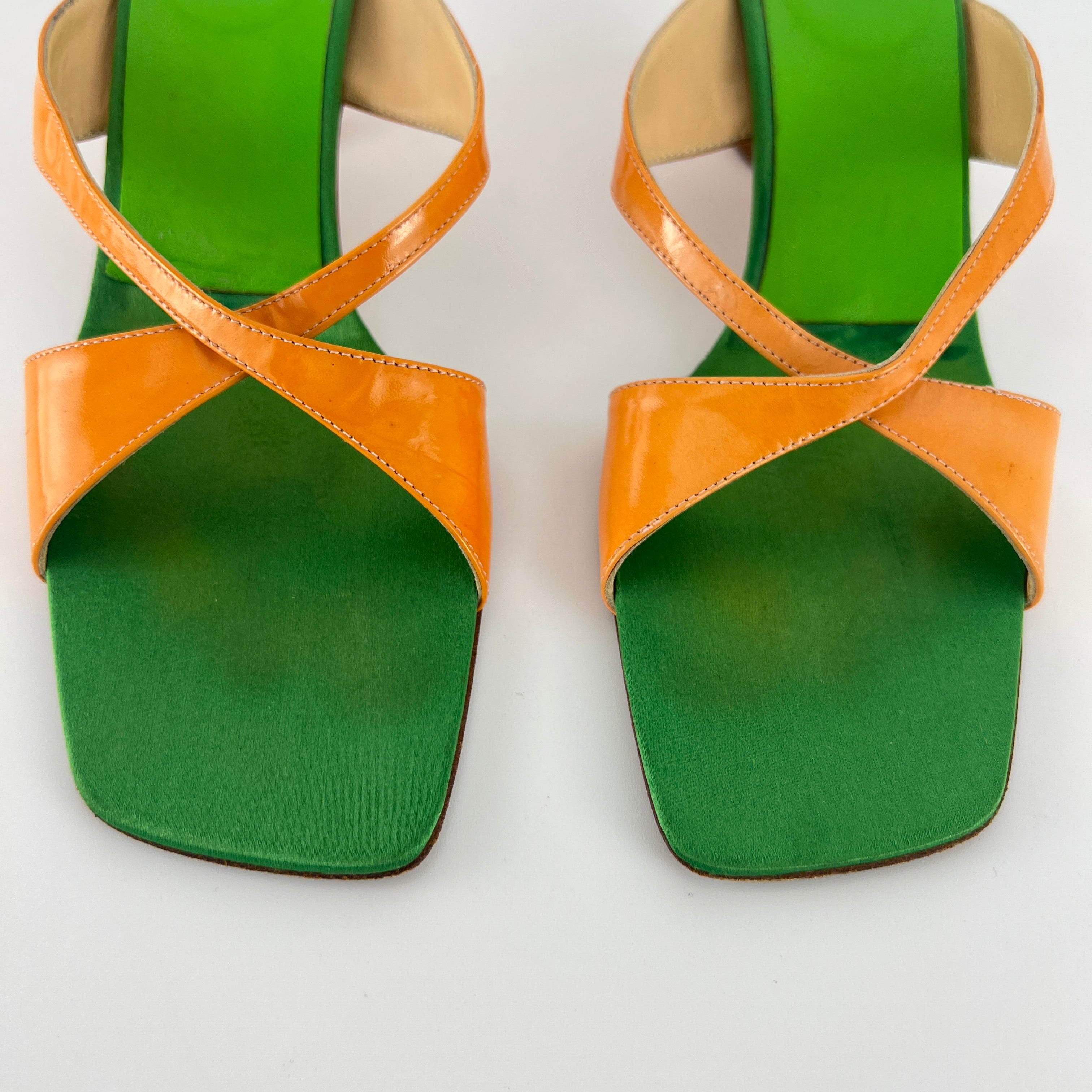 Fendi | Y2K Green Insole Orange Cross-Over Strap Patent Leather Mules (37.5)