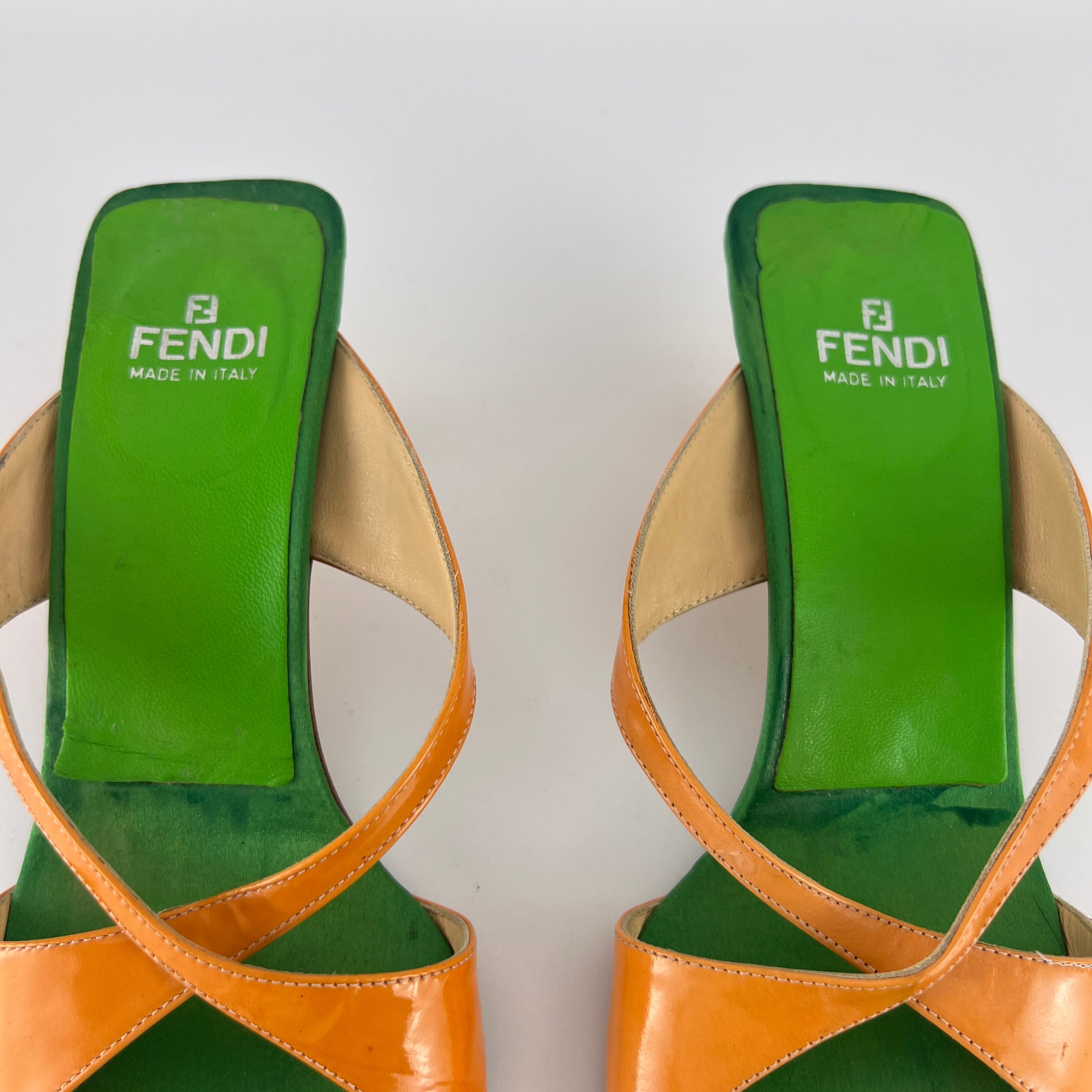 Fendi | Y2K Green Insole Orange Cross-Over Strap Patent Leather Mules (37.5)