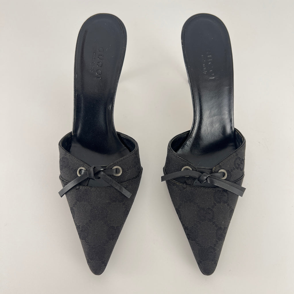 Gucci | Tom Ford Era Black GG Monogram Canvas Ribbon Pointed Toe Mules (34)