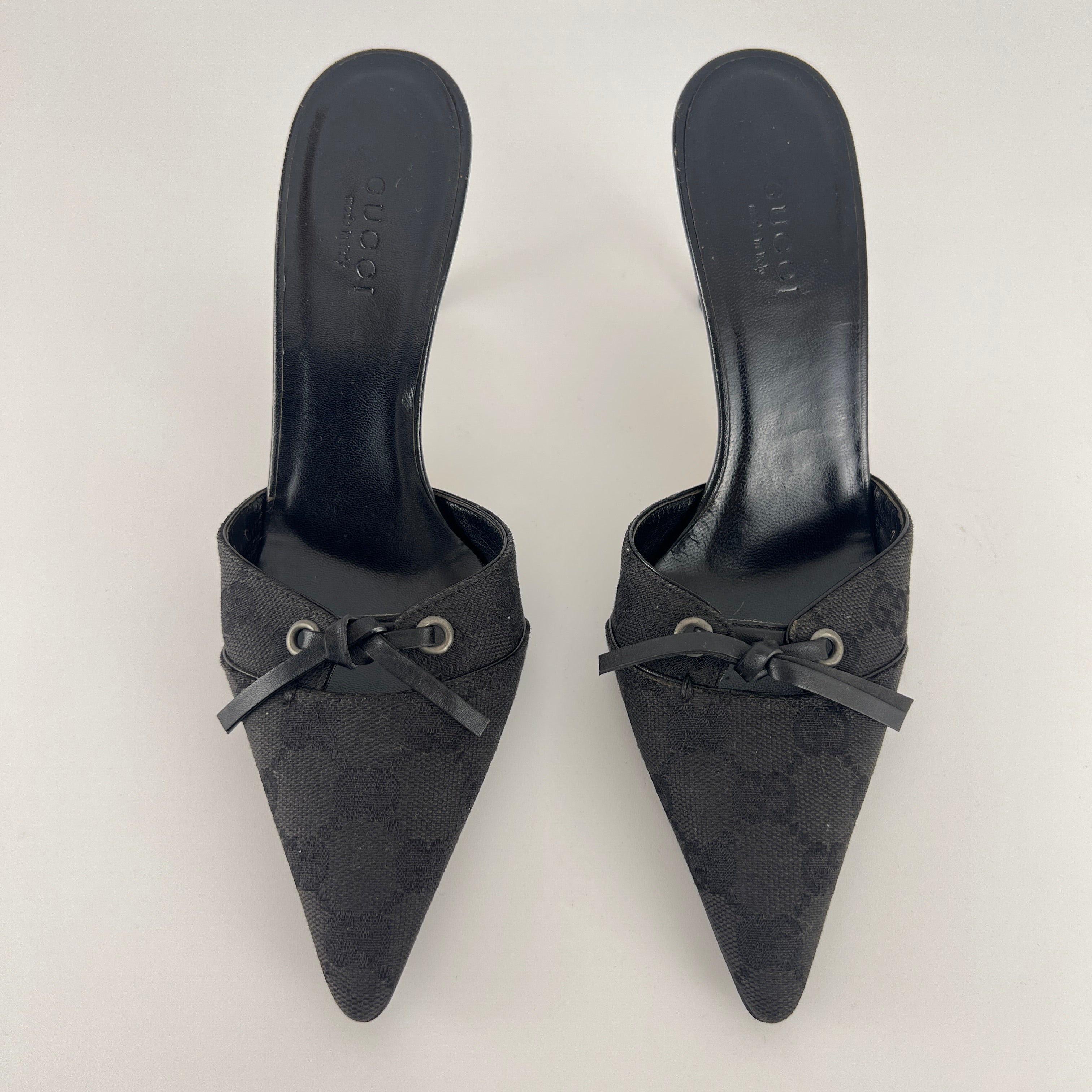 Gucci | Tom Ford Era Black GG Monogram Canvas Ribbon Pointed Toe Mules (34)
