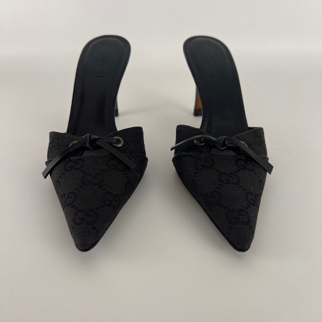 Gucci | Tom Ford Era Black GG Monogram Canvas Ribbon Pointed Toe Mules (34)