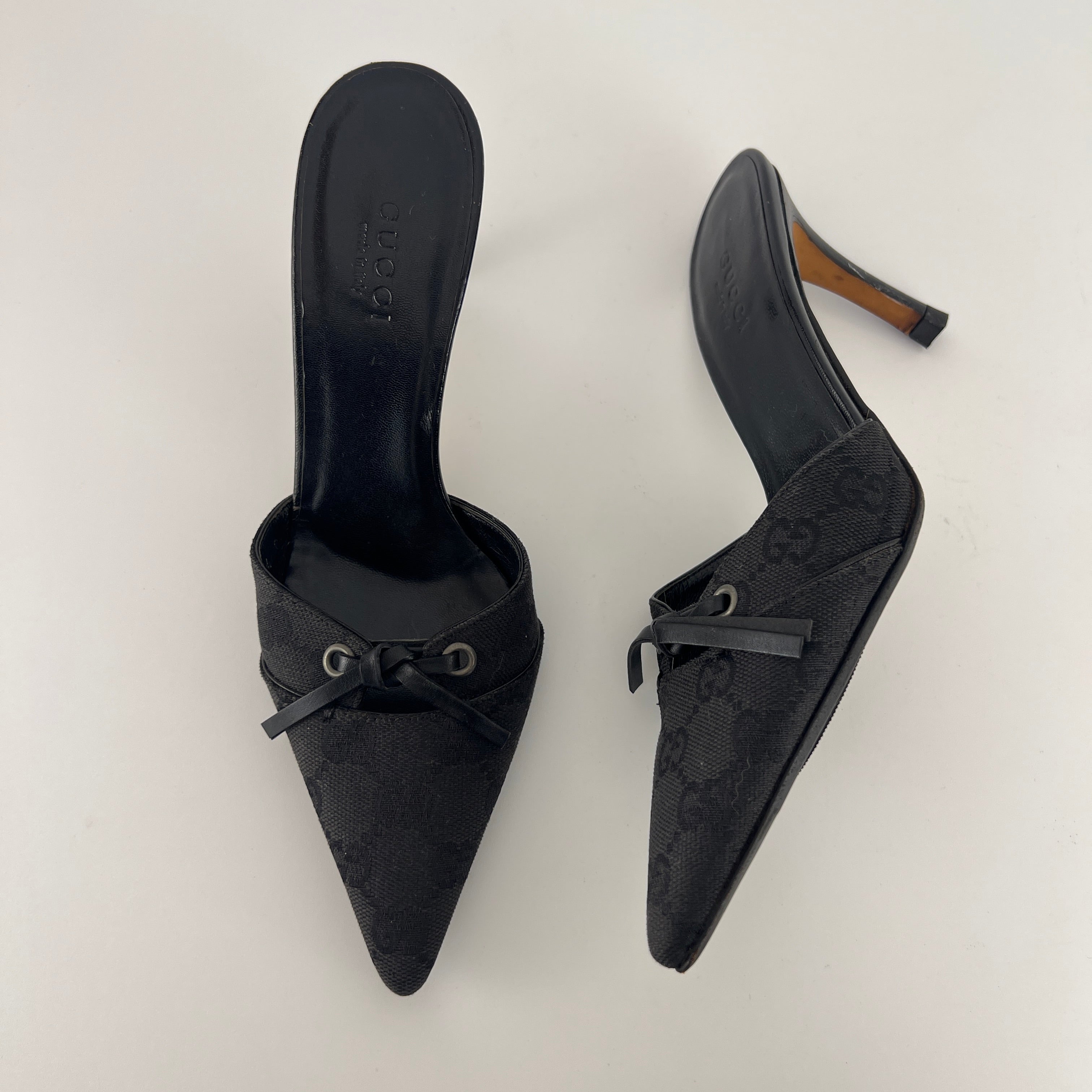 Gucci | Tom Ford Era Black GG Monogram Canvas Ribbon Pointed Toe Mules (34)
