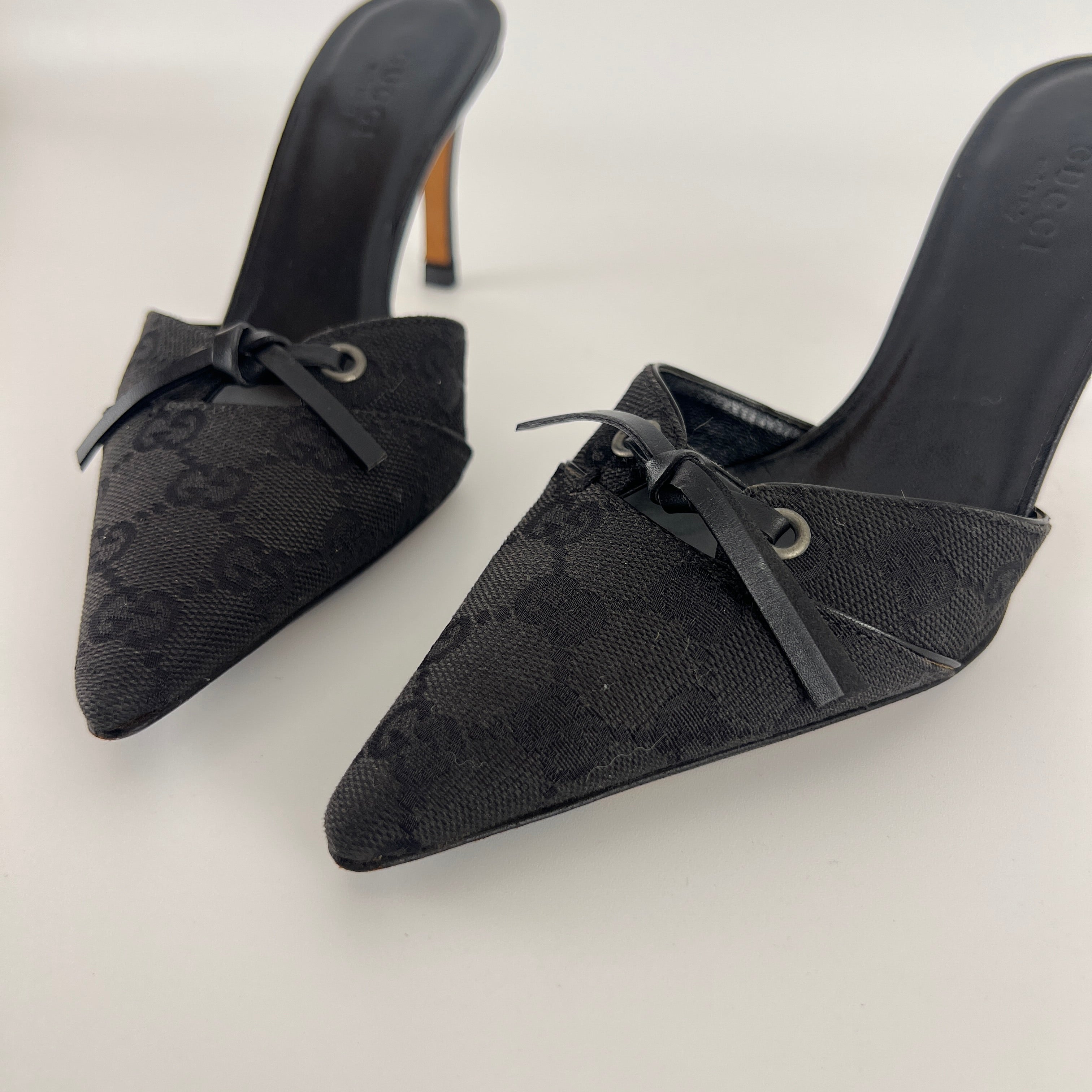 Gucci | Tom Ford Era Black GG Monogram Canvas Ribbon Pointed Toe Mules (34)